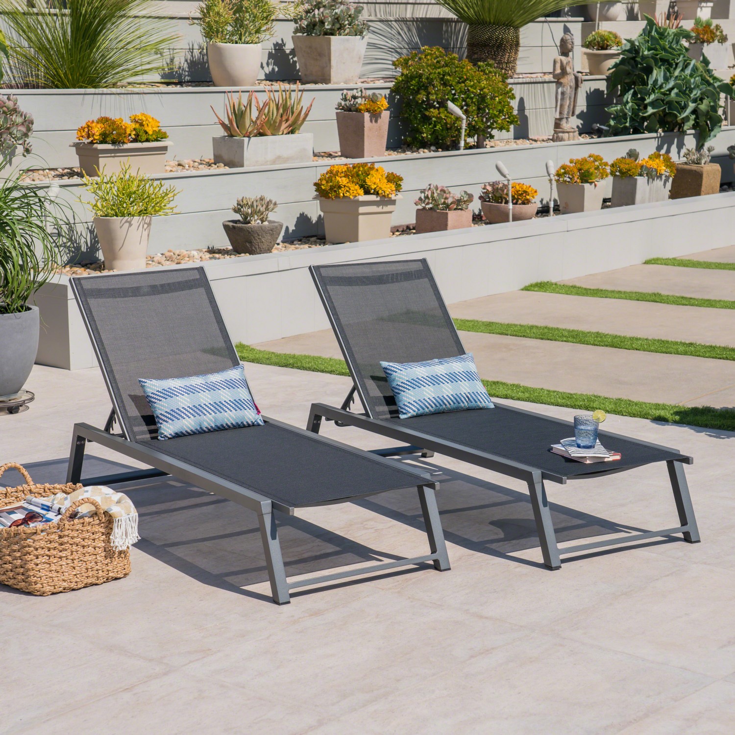 AAZJ JCF-61407BLKMP2 Patio Chairs Set of 2 Grey Aluminum Frame Stationary Chaise Lounge Chair with Black Mesh Seat