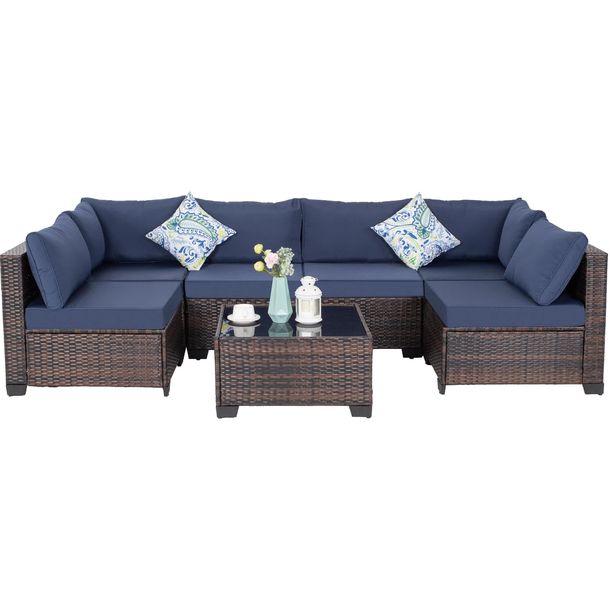 JCFL 7-Piece Brown Wicker Outdoor Patio Furniture Conversation Set Sectional Sofa Furniture Set with Blue Cushions