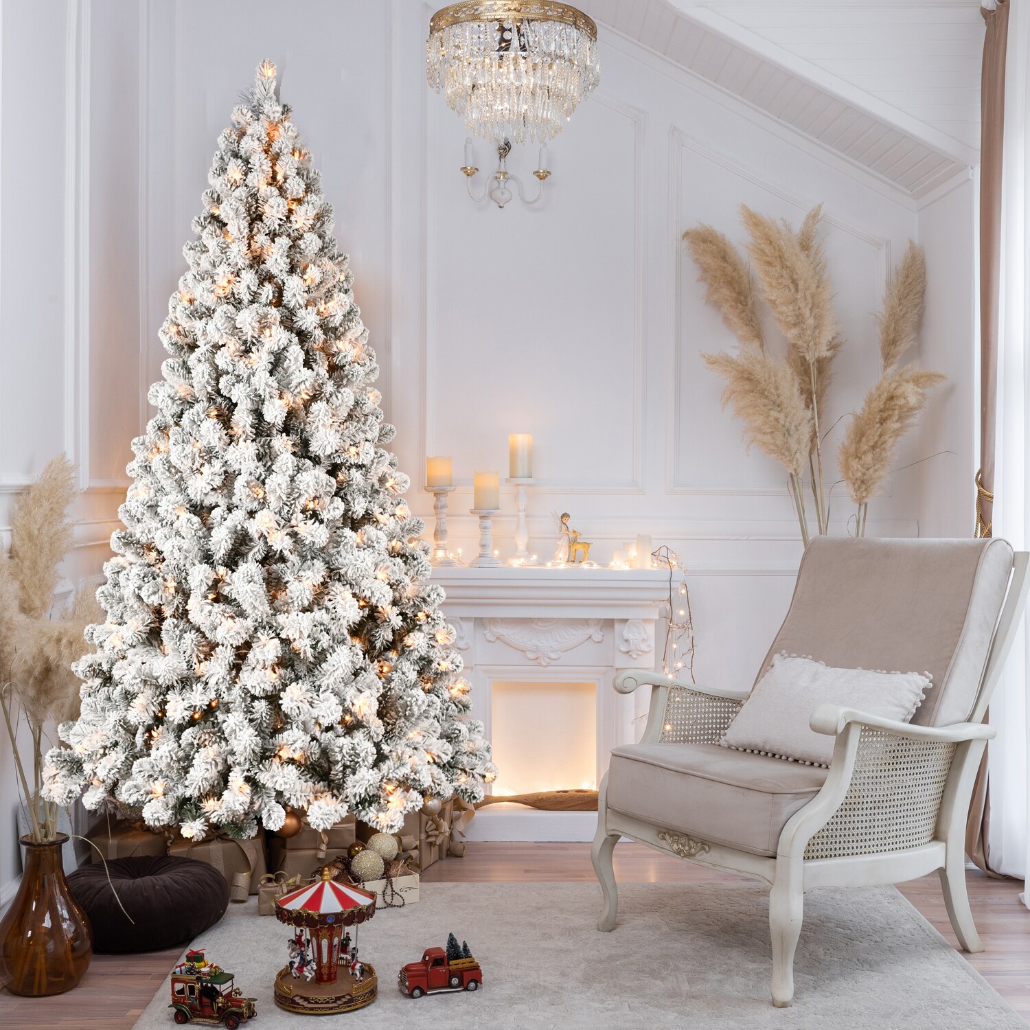LUXEYARD 9ft Flocked Pre Lit Christmas Tree with 650 UL Warm White Lights 1930 PVC Tips Auto Unfold Memory Wire Easy Assembly and Stable Metal Stand Snowy Holiday Decor