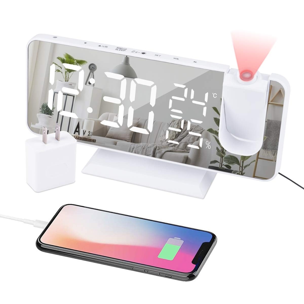 Phewnyzo  Projection Alarm Clock for Bedroom Ceiling Digital FM Radio with USB Charger 7 Point 3 Inch Large LED Display Dual Alarm Snooze 4 Level