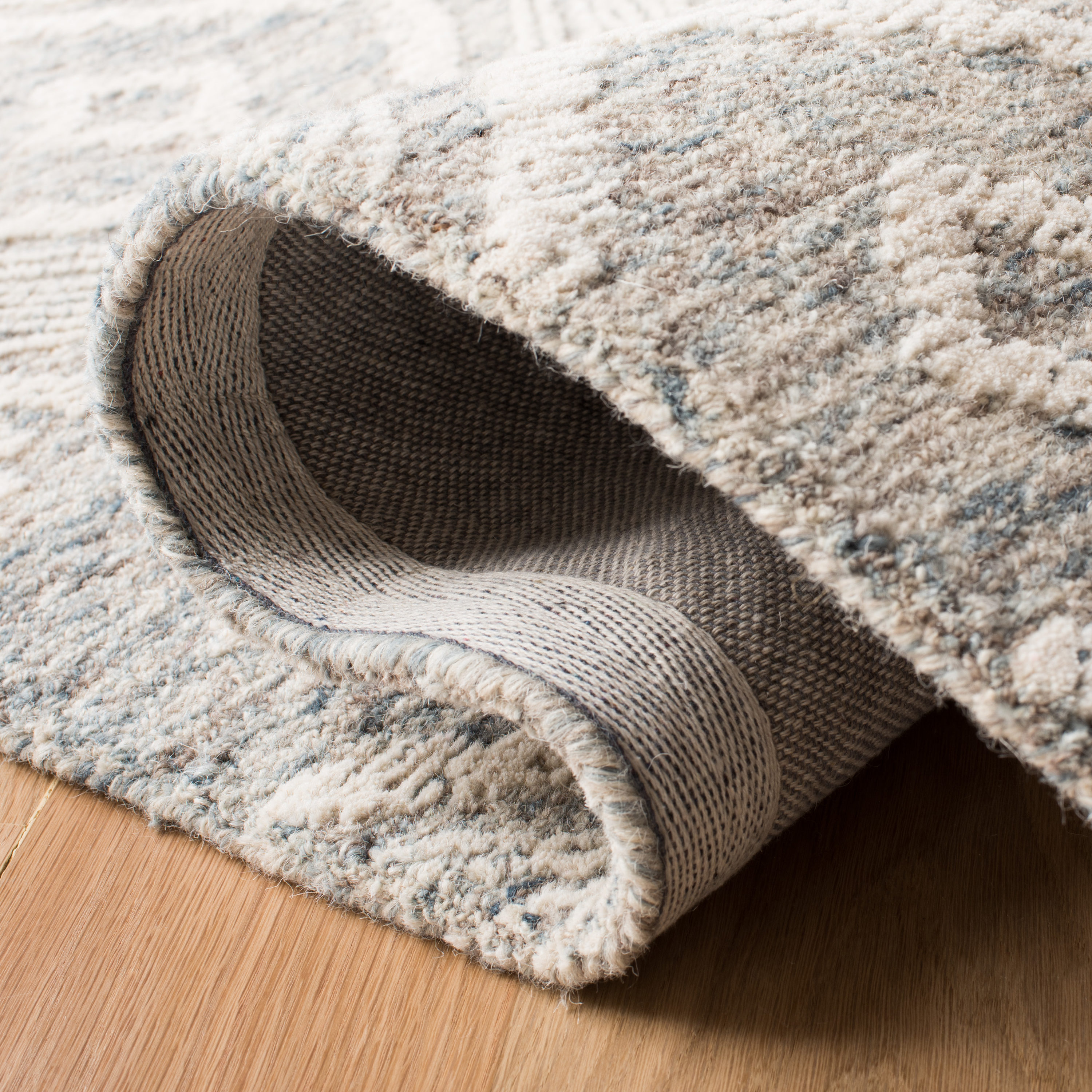 Ivory and Denim Abstract Tufted Wool Square Area Rug
