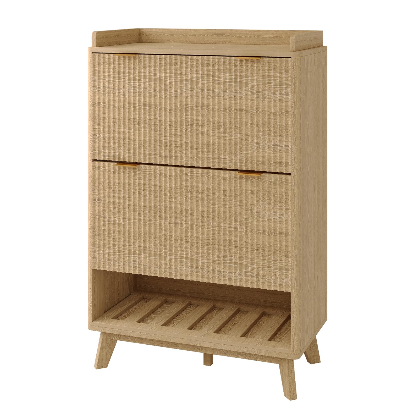 Assile 31.5 Inch Oak Wood Grain Fluted Shoe Cabinet with 2 Flip Drawers ...