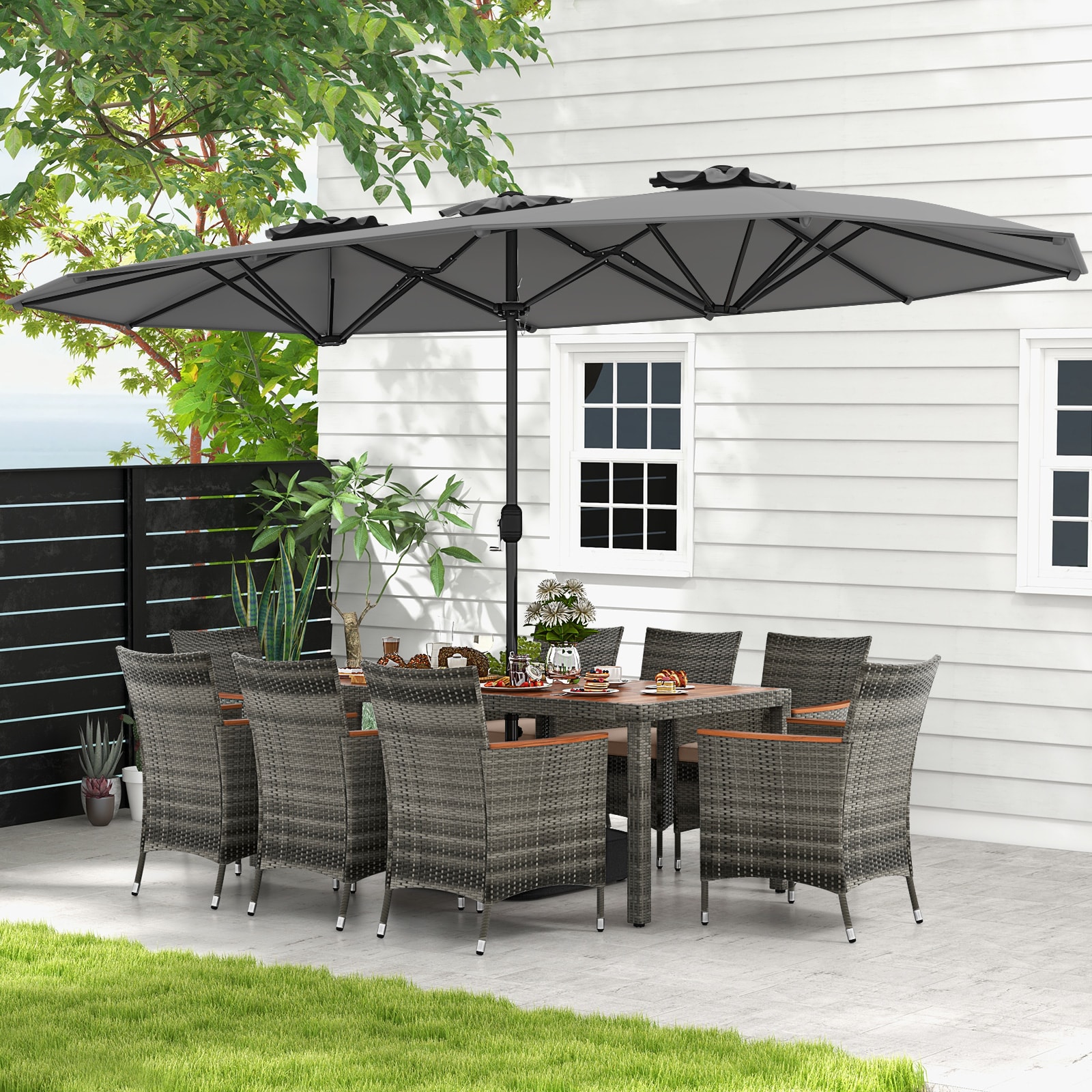 YERIVA DS567543YD 10 -Piece Mix Gray Wicker Patio Dining Set Wicker Rectangle Table with 8 Beige Cushions Stationary and Motion Chairs and Umbrella Included