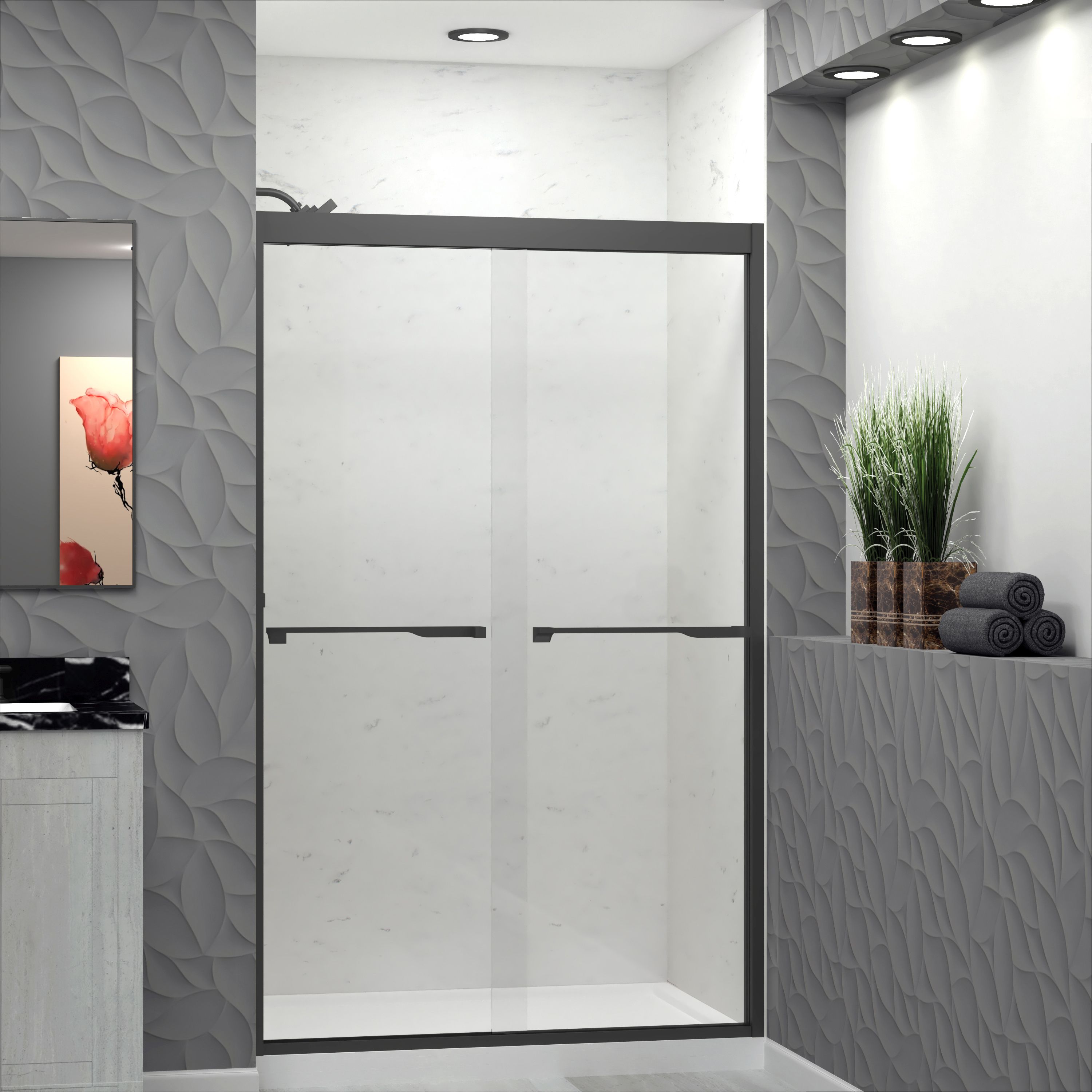 Transolid FBPT487608C-J-MB Frederick Matte Black 45-3/4-in to 47-in x 76-in Semi-frameless Sliding Soft Close Shower Door