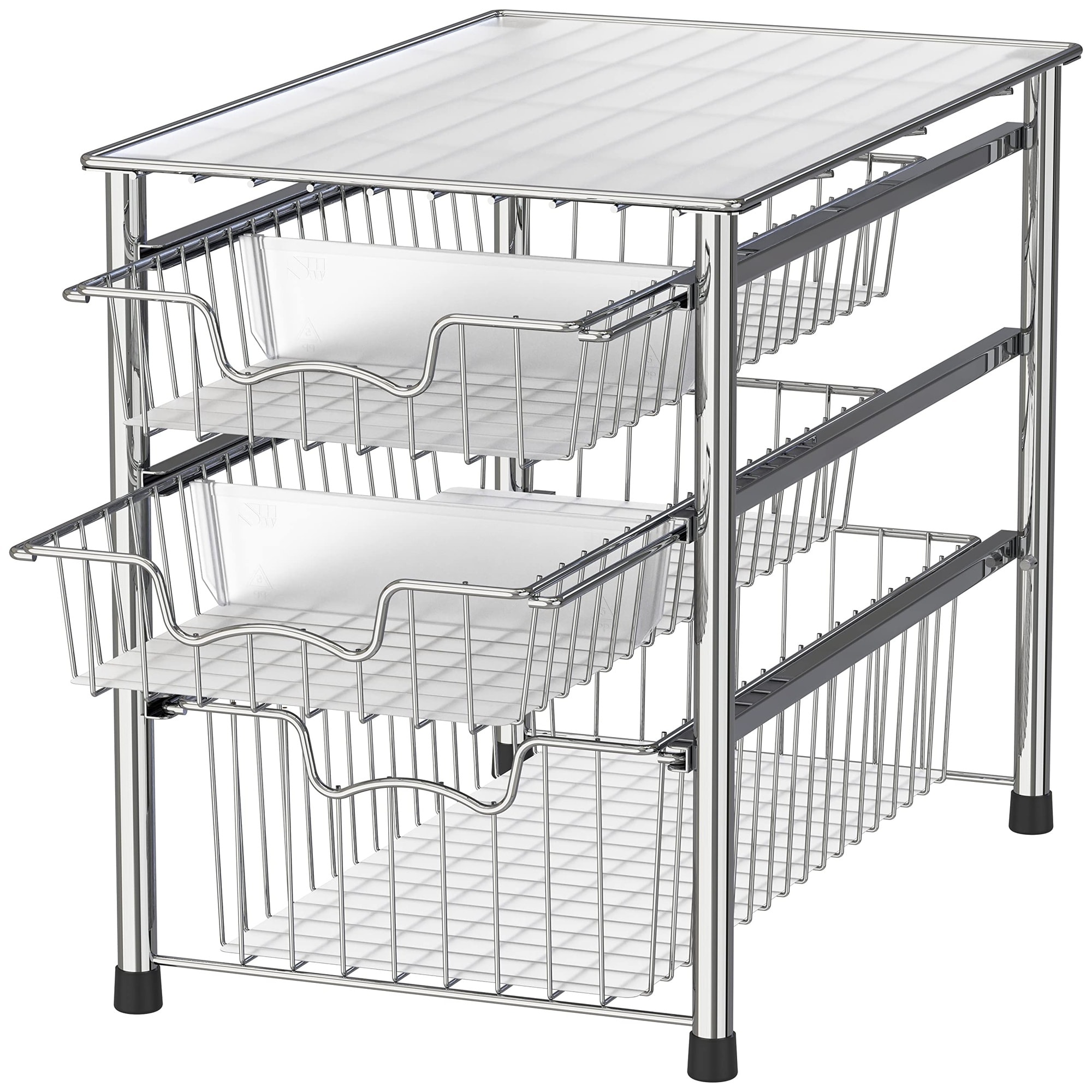 Etokfoks  Chrome Metal 3 Tier Sliding Basket Organizer Drawer with Stackable Design and Easy Assembly for Kitchen Storage
