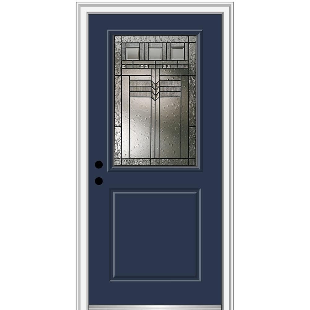 MMI DOOR ZZ3664386R 36-in x 80-in x 6-9/16-in Fiberglass Half lite Right-hand inswing Naval Painted Prehung Front Door with Brickmould Insulating core