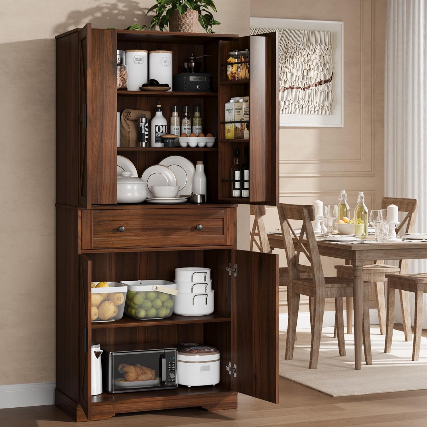IdealHouse 71in Tall Kitchen Pantry Storage Cabinet with Barn Doors Drawers and Adjustable Shelves - Freestanding Organizer for Kitchen Dining Living Room Bedroom - Walnut