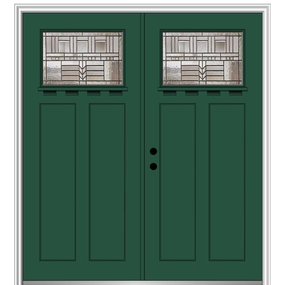 MMI DOOR ZZ3665012R 72-in x 80-in x 4-9/16-in Fiberglass Craftsman Right-hand inswing Hunter Green Painted Prehung Double Front Door with Brickmould Insulating core