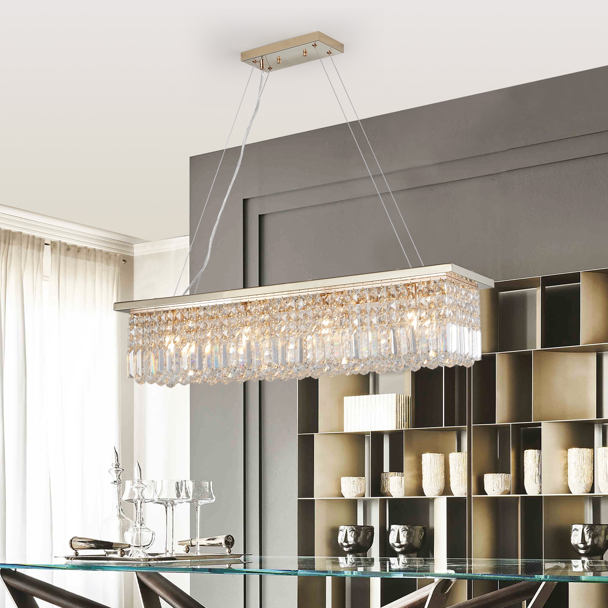 BABOOM BOM-P189514-OR Rectangle Raindrop Chandelier Fixture 8 -Light Gold Modern/contemporary Crystal For Use in Bedrooms, Dining Rooms, Kitchens, Living Rooms Chandelier