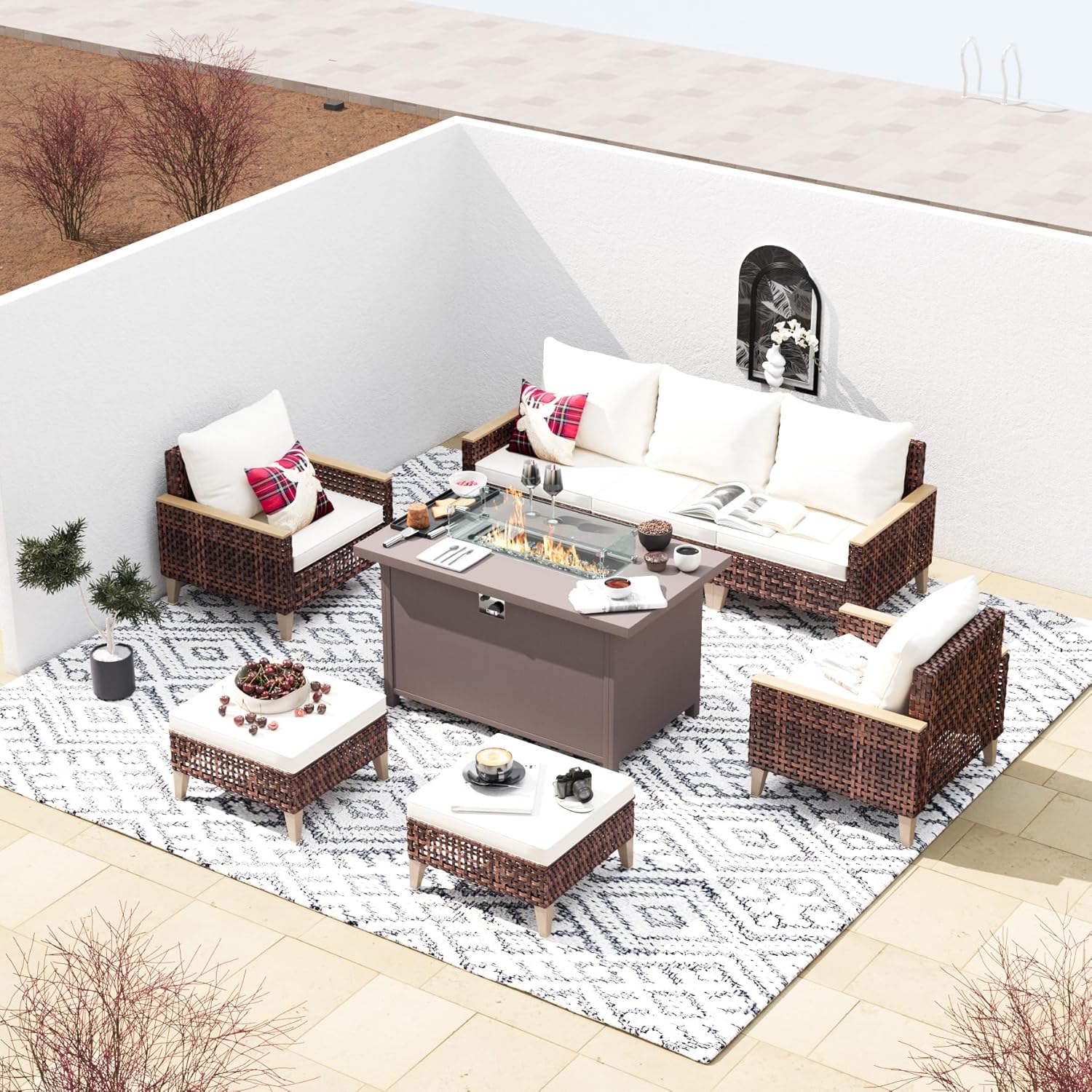 CESICIA 767-Z93 8 -Piece Wicker Patio Sofa Conversation Set with White Cushions