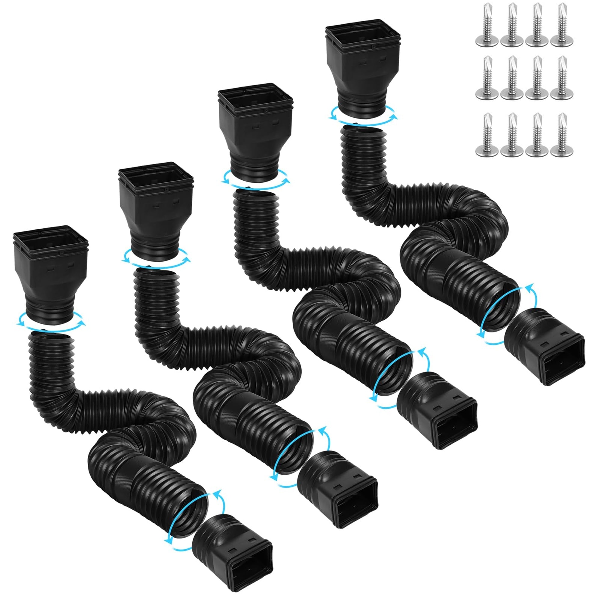 Angel Sar 4 Pack Flexible Gutter Downspout Extension Extendable from 21 to 67 Inches with Adapters Thickened Down Spout Drain Extension for Rainwater Drainage Black