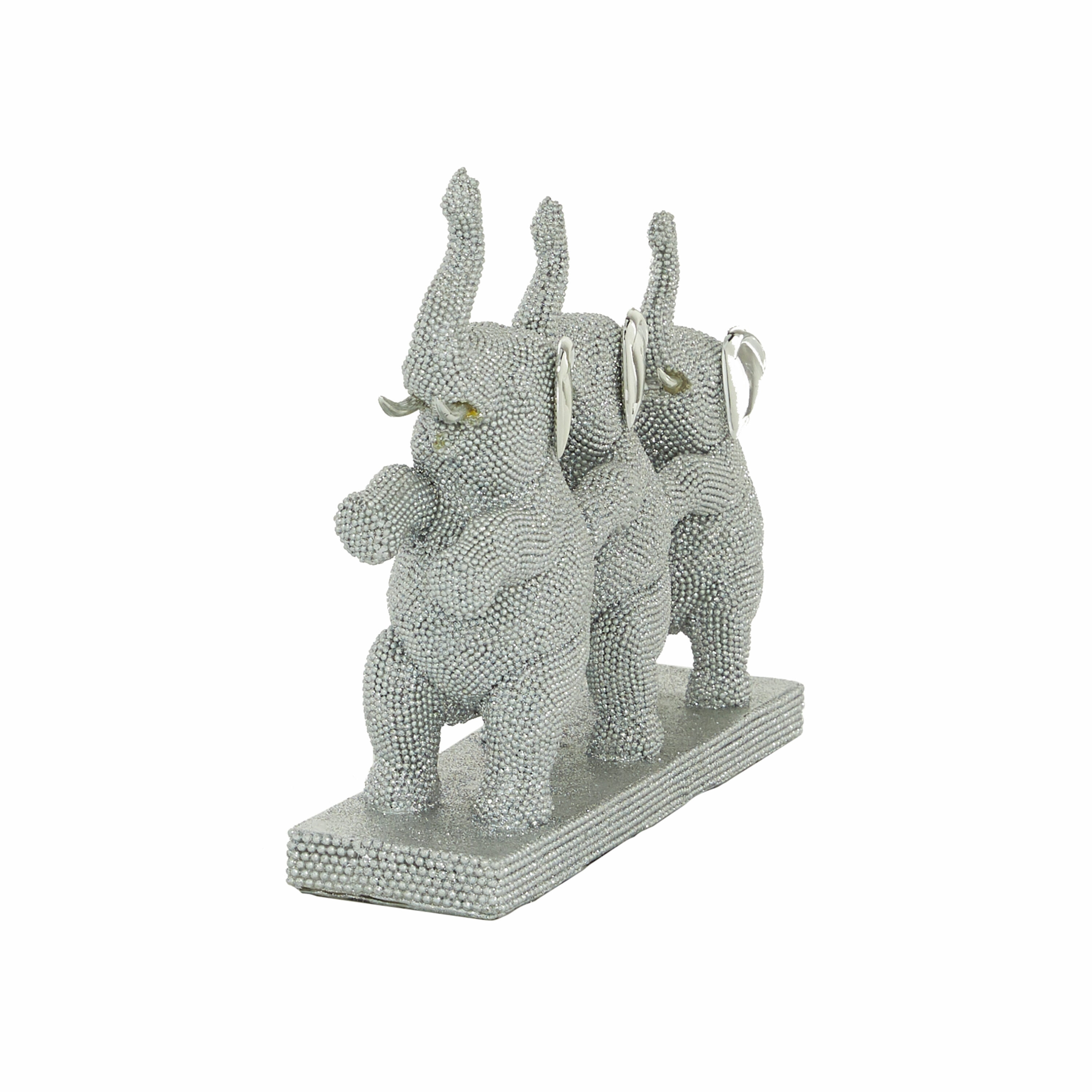 Silver Resin Elephant Trio Sculpture with Shimmering Finish