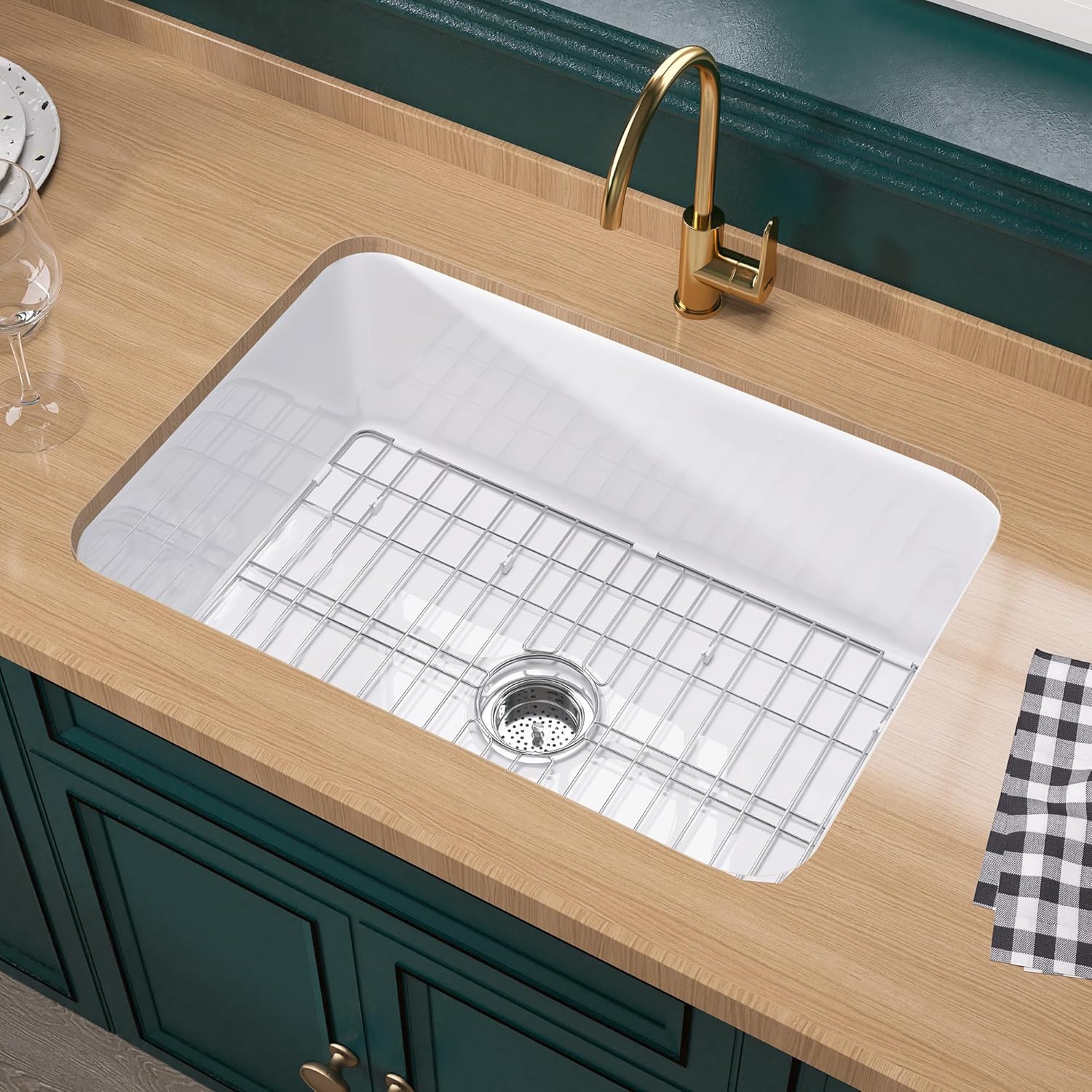 Miuara  White Undermount Kitchen Sink 27 Inch Topmount Fireclay Drop In Sink 27x19x10 Dual Mount Heavy Duty Deep Single Bowl w 2 Accessories Glossy White for Kitchen  Laundry Small Space.