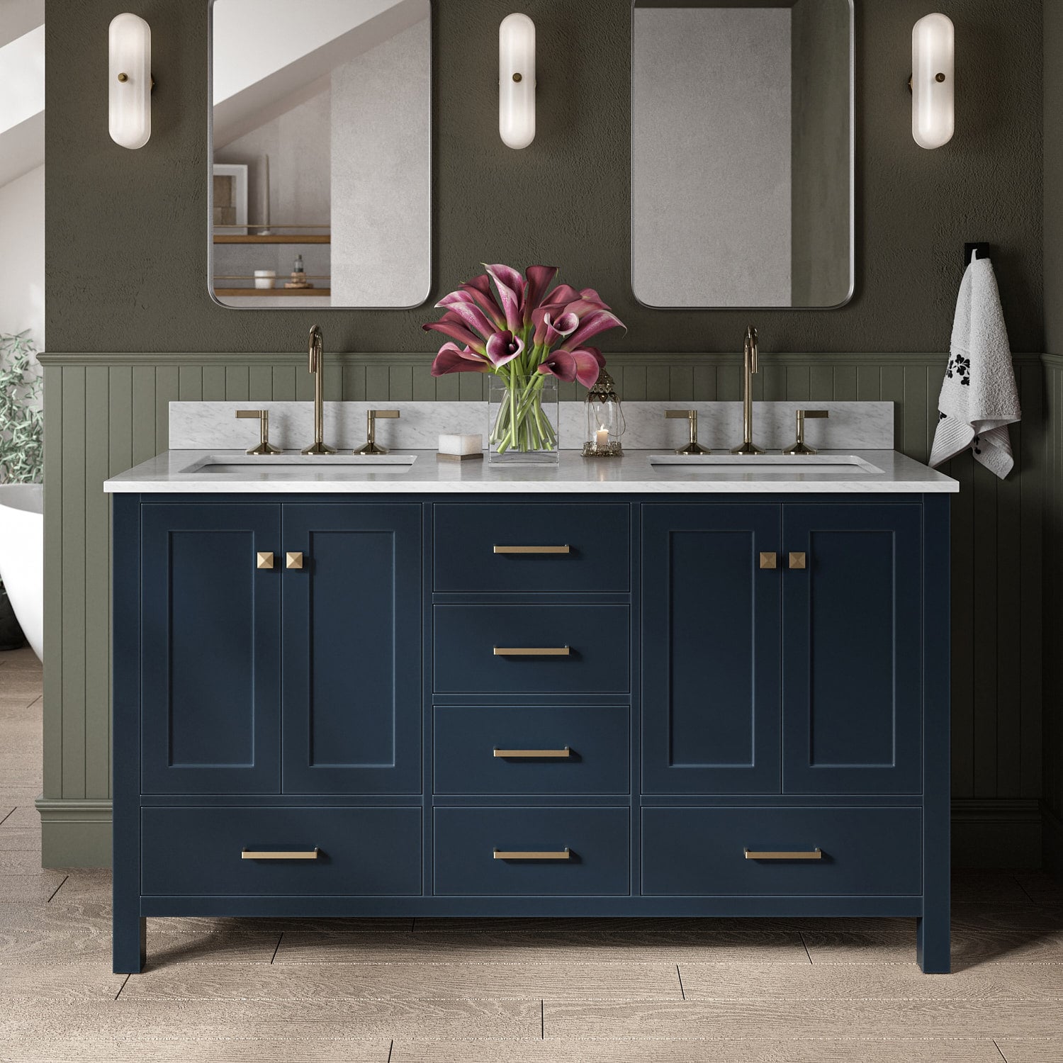 ARIEL A061DCW2RVOMNB Cambridge 61-in Midnight Blue Undermount Double sink Bathroom Vanity with 0.75" Carrara White Marble Natural marble Top