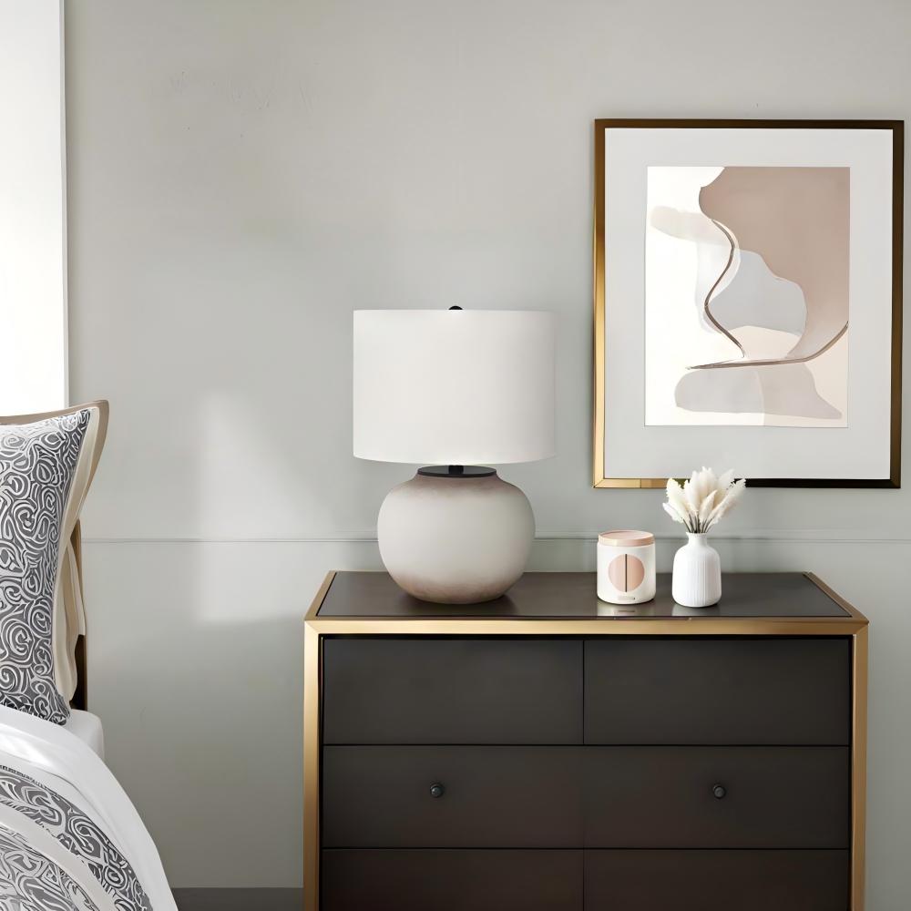 Basdien 20 in White Ceramic Table Lamp with Ivory Fabric Drum Shade for Living Room Bedroom Office End Side Table Nightstand Bedside Home Decor Accent Lighting Globe Shape Brown Shading Black Finial 3 Way Switches Soft Warm Ambient Glow Lights