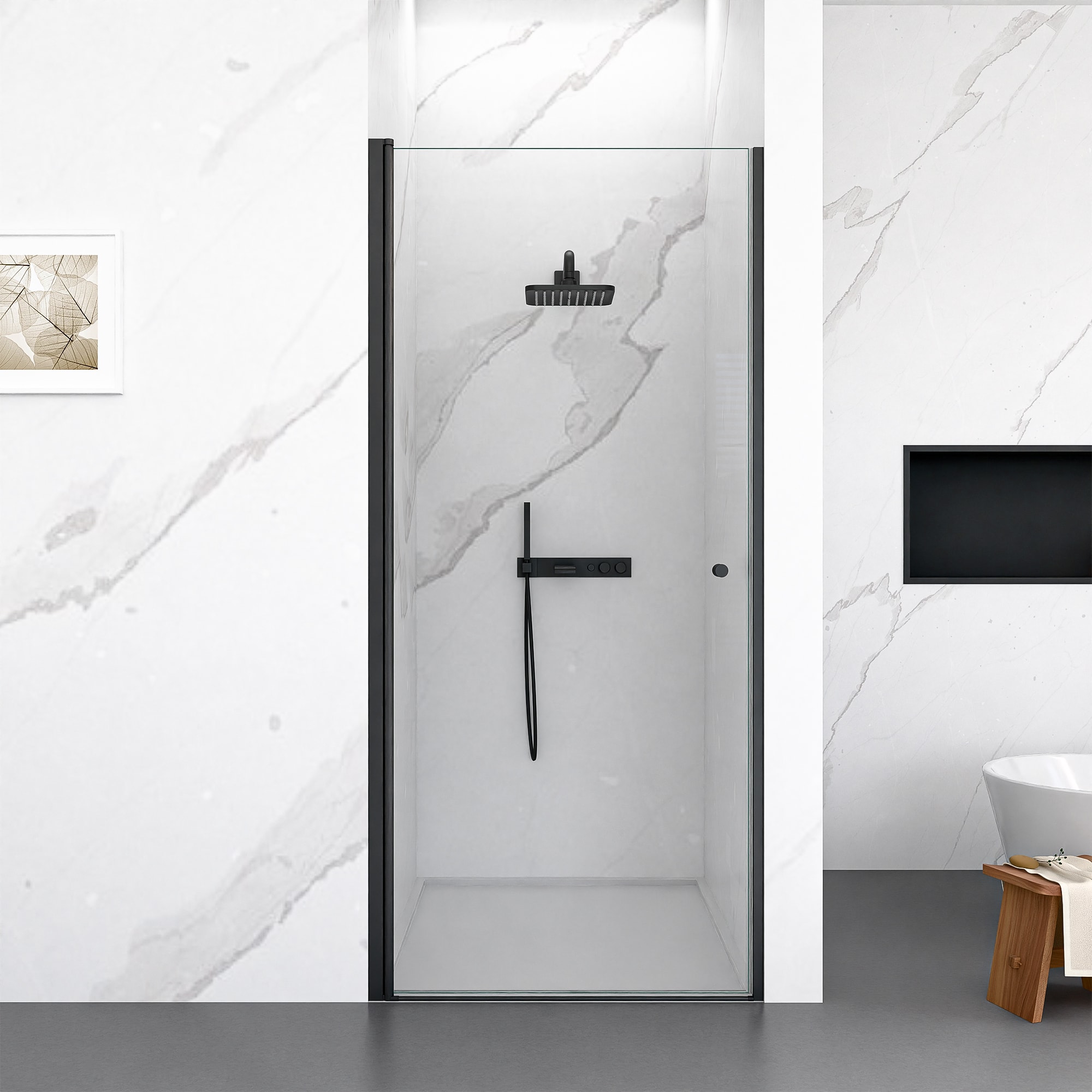 LUXEYARD 24 inch W x 72 inch H Semi-Frameless Circular Pivot Shower Door in Matte Black With Thick SGCC Tempered Glass