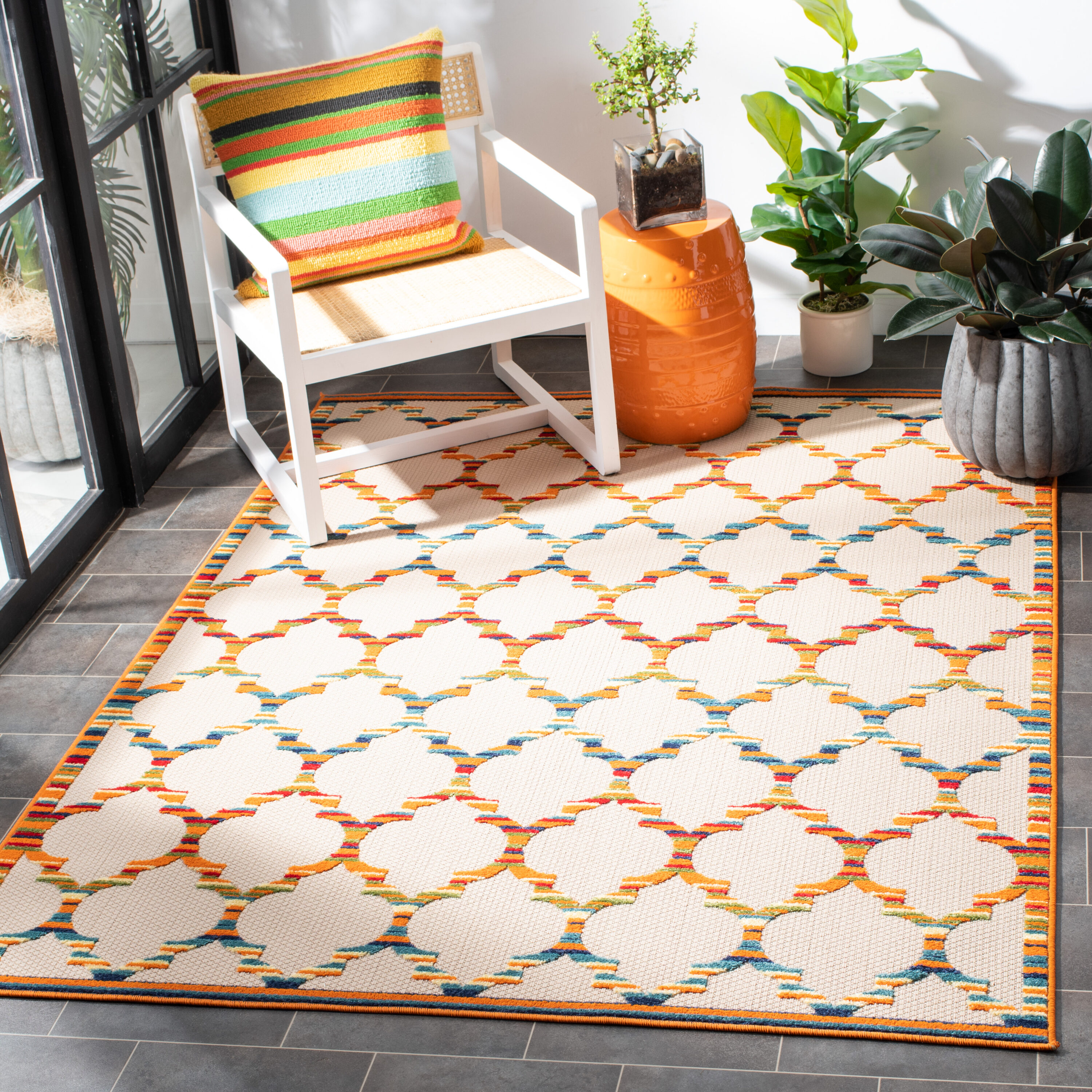 Safavieh CBN333A-5 Cabana 5 x 8 (ft) Loomed Synthetic Ivory/Orange Rectangular Indoor/Outdoor Trellis Moroccan Area rug