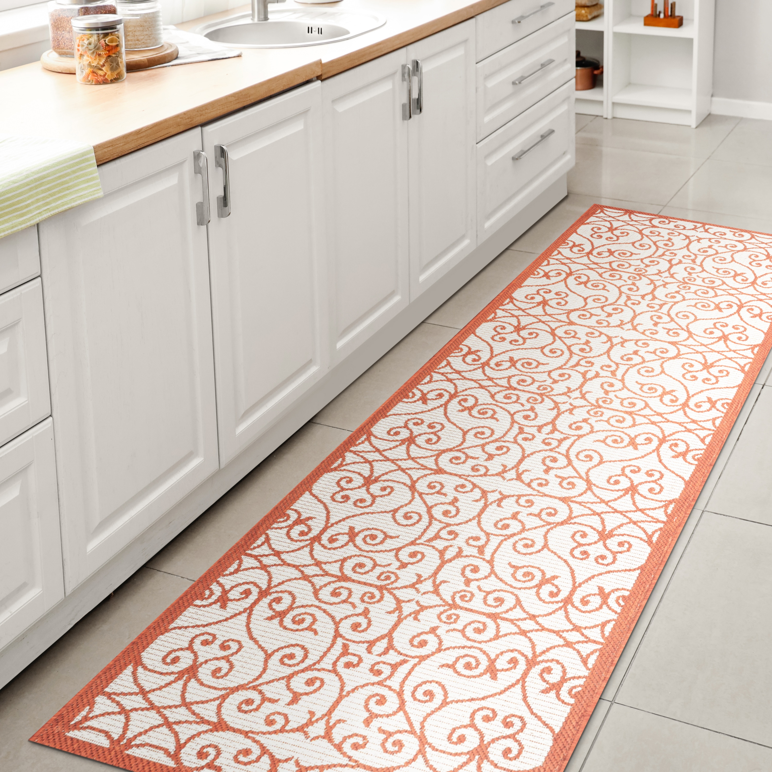 JONATHAN  Y SMB107L-28 Santa Monica Madrid Filigree Textured Weave 2 x 8 (ft) Loomed Polypropylene Cream/Orange Rectangular Indoor/Outdoor Border French Country Runner rug