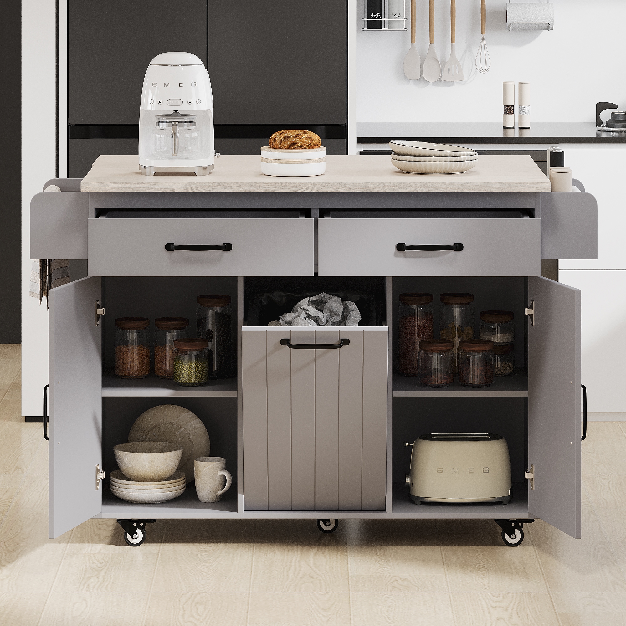 Bayfeve BF-6381G-IN Gray MDF Base with Wood Wood Top Rolling Kitchen Island ( 20.55 x 51.06 x 35.04 )