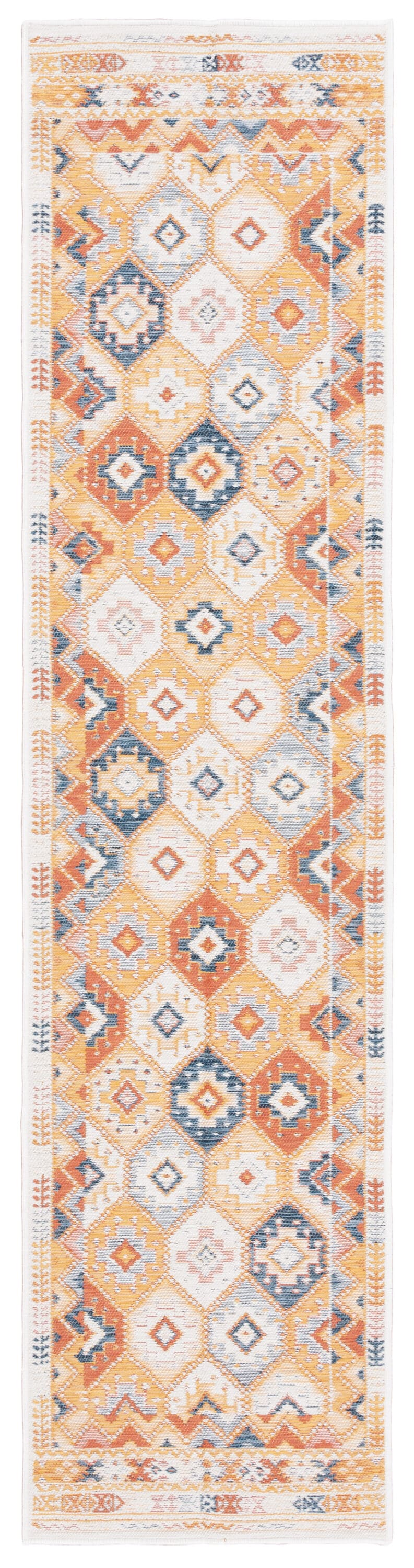 Safavieh SUN630D-28 2 x 8 (ft) Loomed Polyester/Polypropylene Gold/Rust Blue Rectangular Indoor/Outdoor Geometric Mid-Century Modern Runner rug