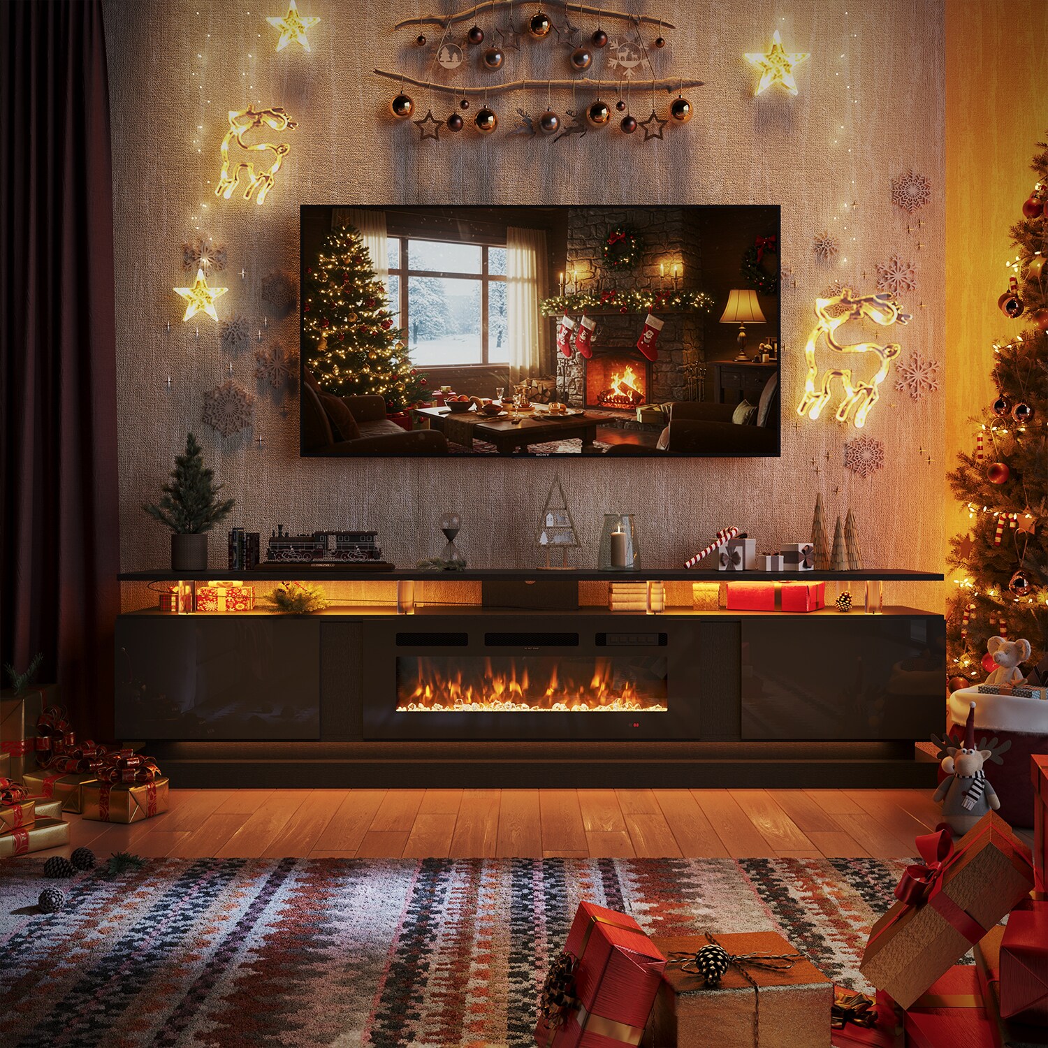 AOXUN 80-in W Black TV Stand with Infrared quartz Flat Wall Electric ...