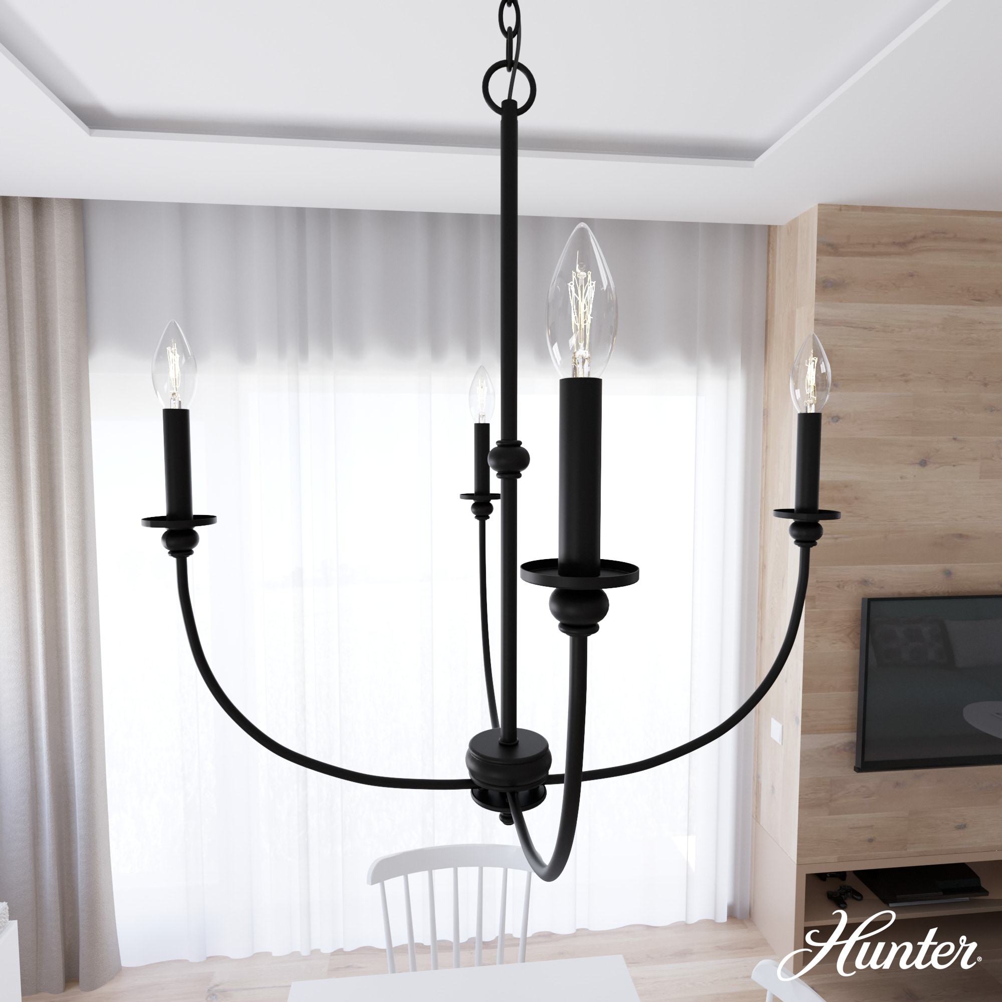 Hunter 19636 Southcrest 4 -Light Matte Black Transitional For Use in Bedrooms, Dining Rooms, Foyers, Kitchens, Living Rooms Chandelier