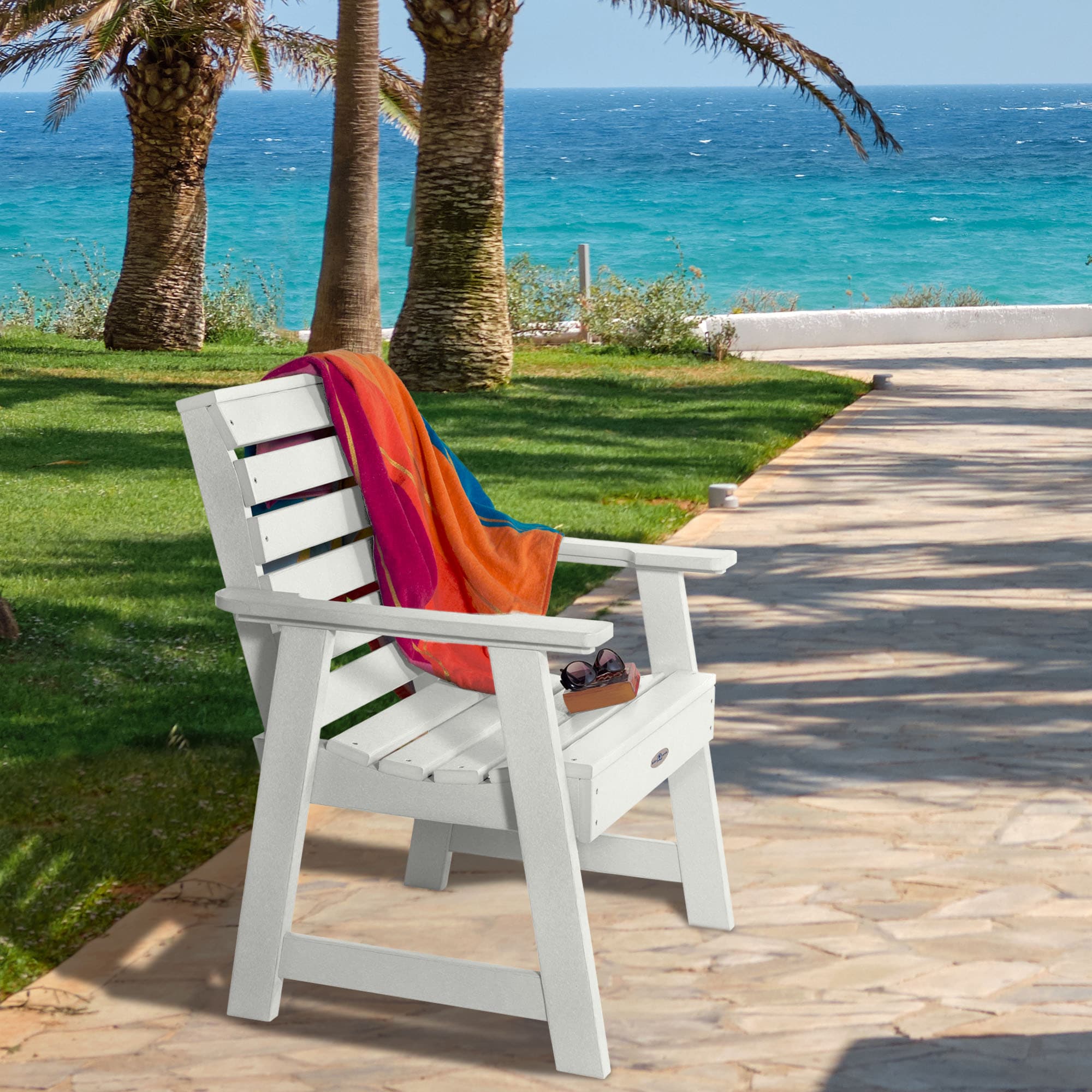 highwood BV-CHGR1-CWH Riverside Coconut White Poly-lumber Frame Stationary Conversation Chair with Slat Seat