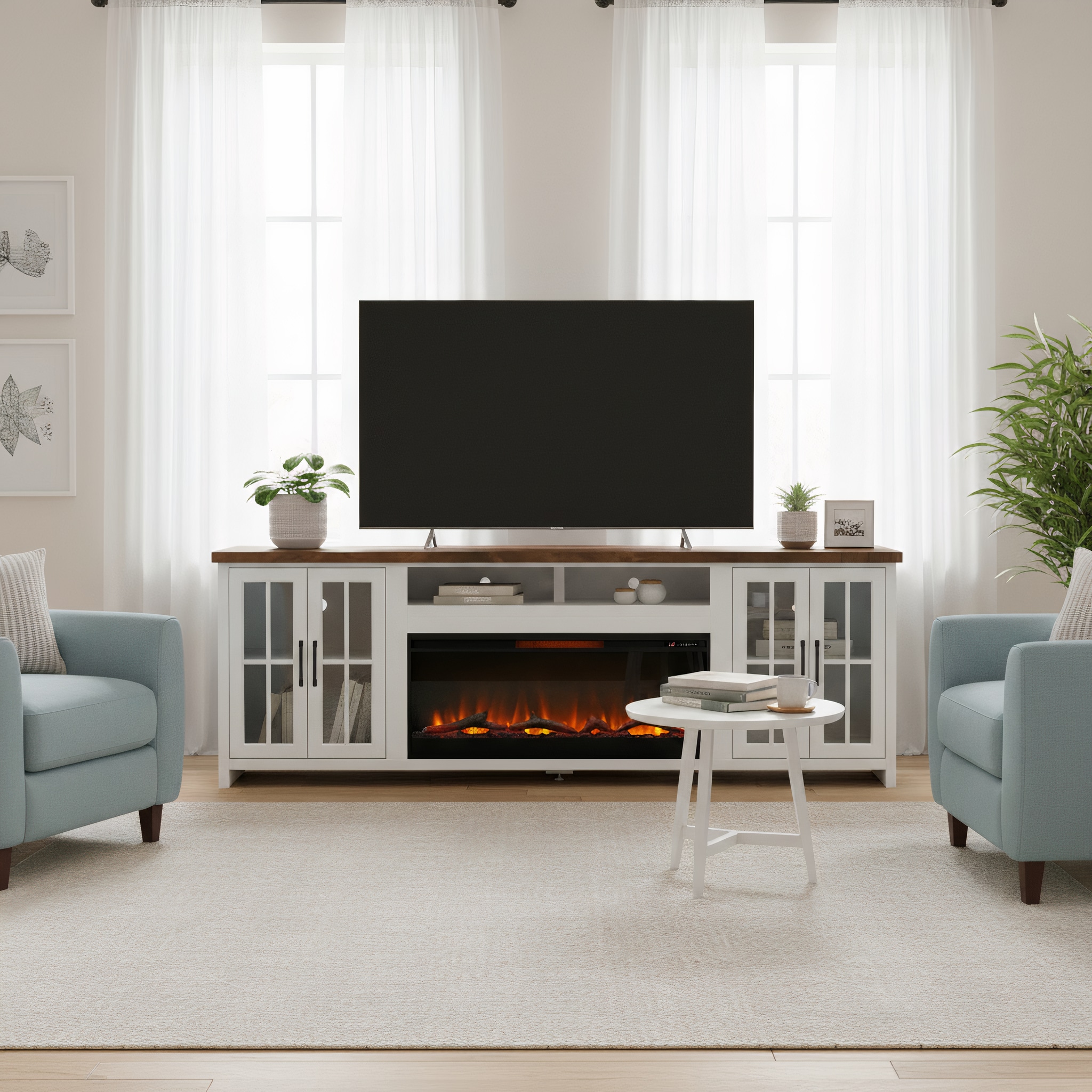 GLANZEND  18-in D x 97-in W x 32-in H White TV Stand Electric Fireplace Remote Control Adjustable Flame Storage Cabinets Cable Management Adjustable Thermostat