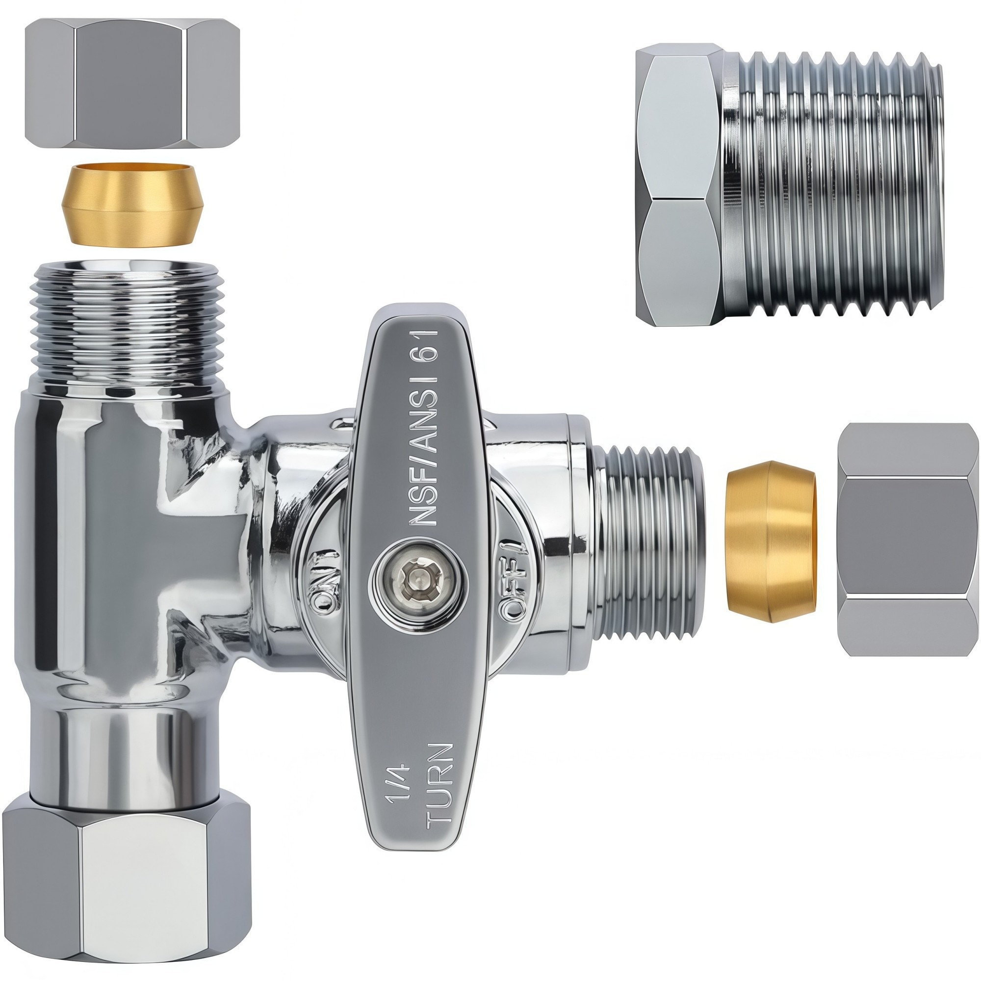 Numhew Brass Angle Stop Add-A-Tee 3/8 x 3/8 x 3/8 or 1/2 Inch 3 Way Compression Shut Off Diverter Chrome Valve
