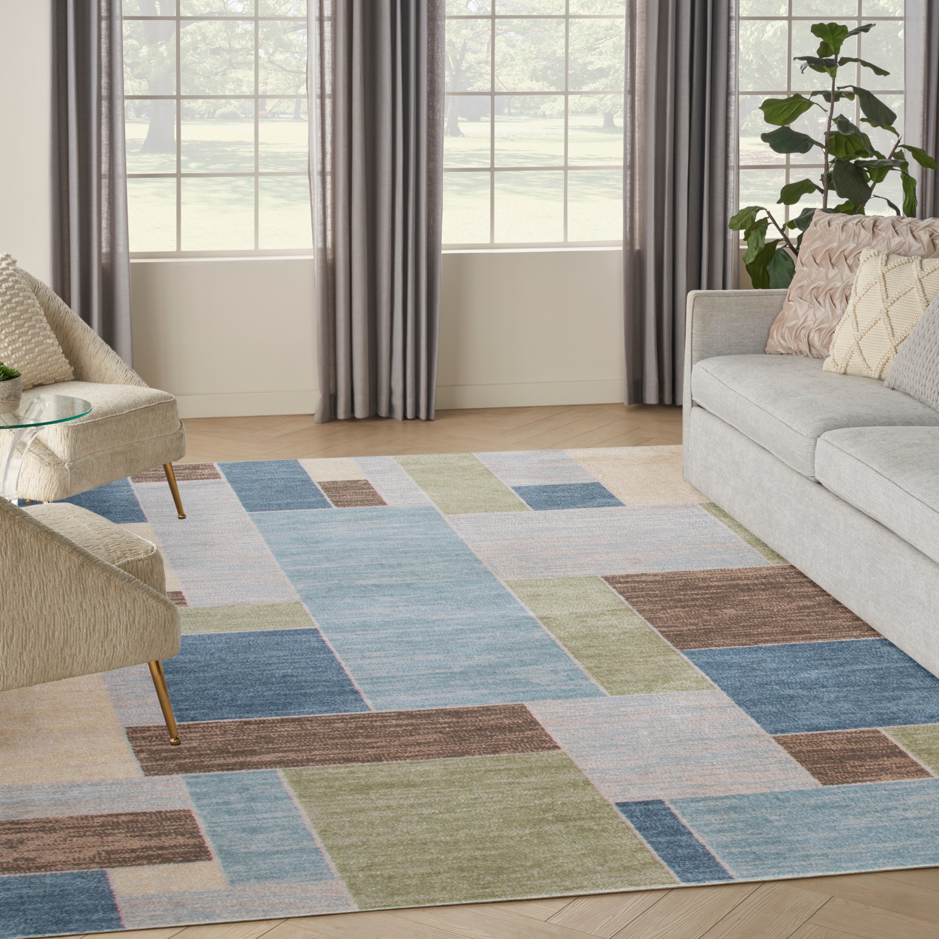 Nourison Home 099446944443 Astra Machine Washable 7 x 9 (ft) Loomed Polyester Blue Green Multi Rectangular Indoor Geometric Mid-Century Modern Machine washable Area rug