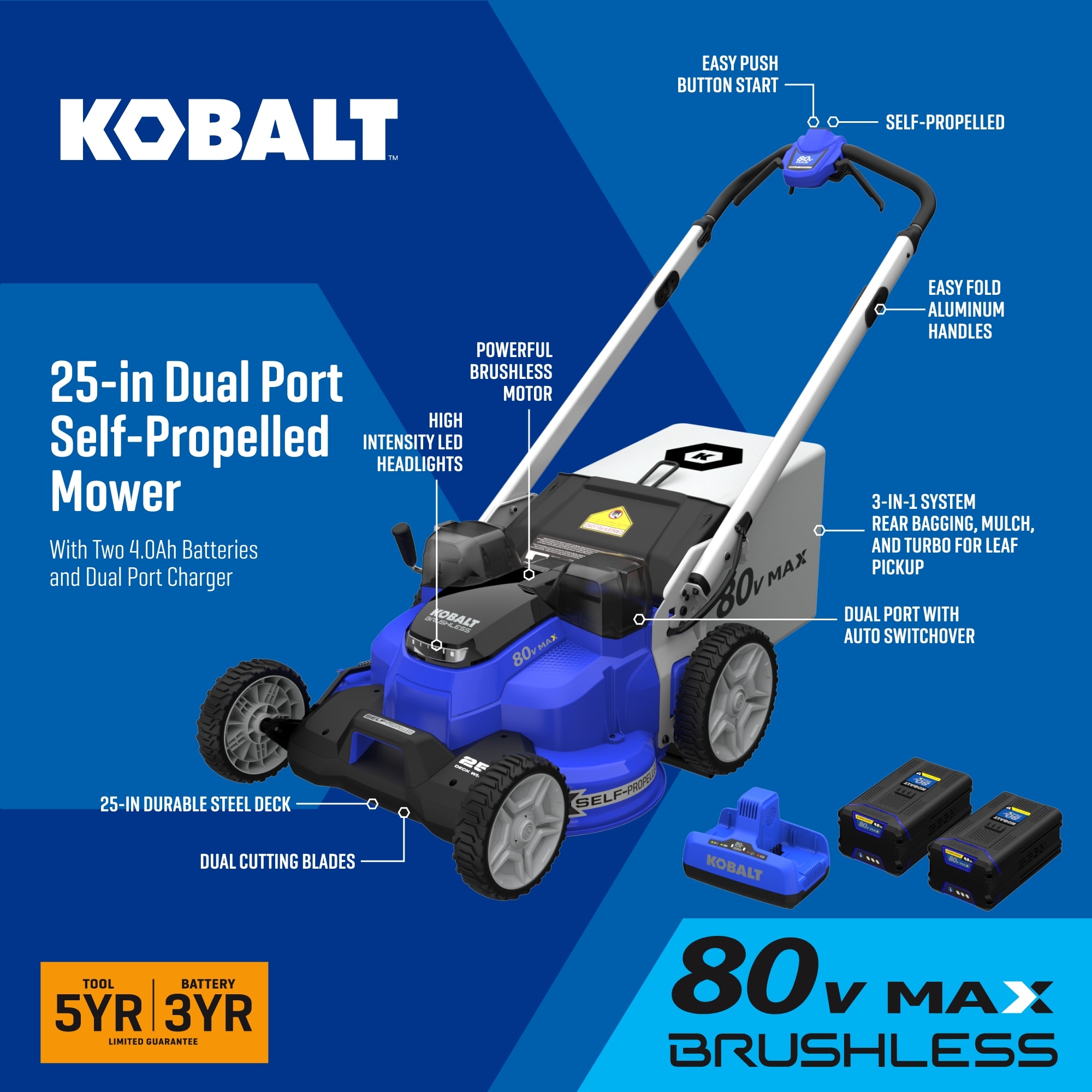 Kobalt 80 volt 25 in Cordless Self propelled Lawn Mower 4 Ah 2 Batteries and Charger Included