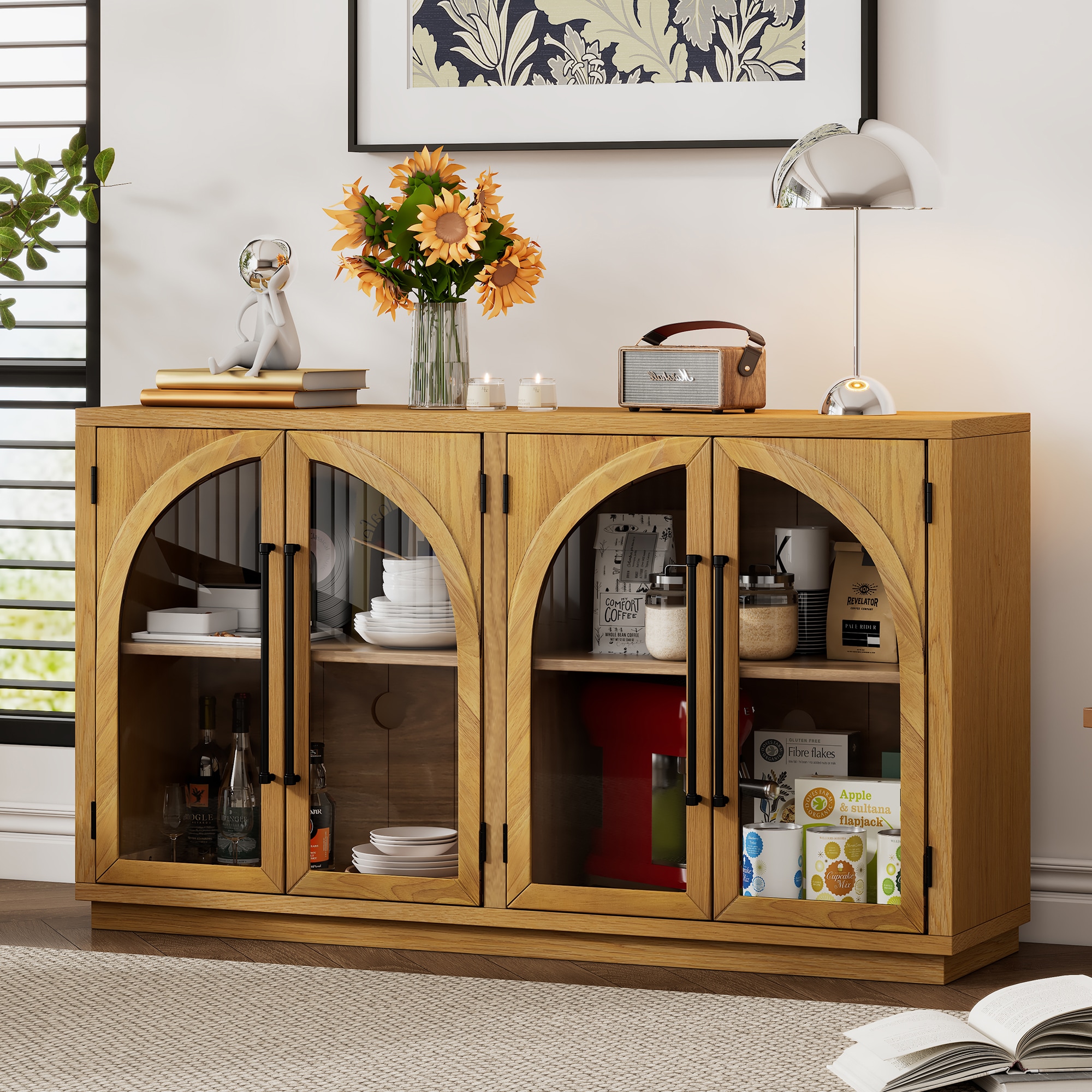 Qualler  4 Door Sideboard Buffet Cabinet with Glass Doors and Adjustable Shelves - Natural Wood