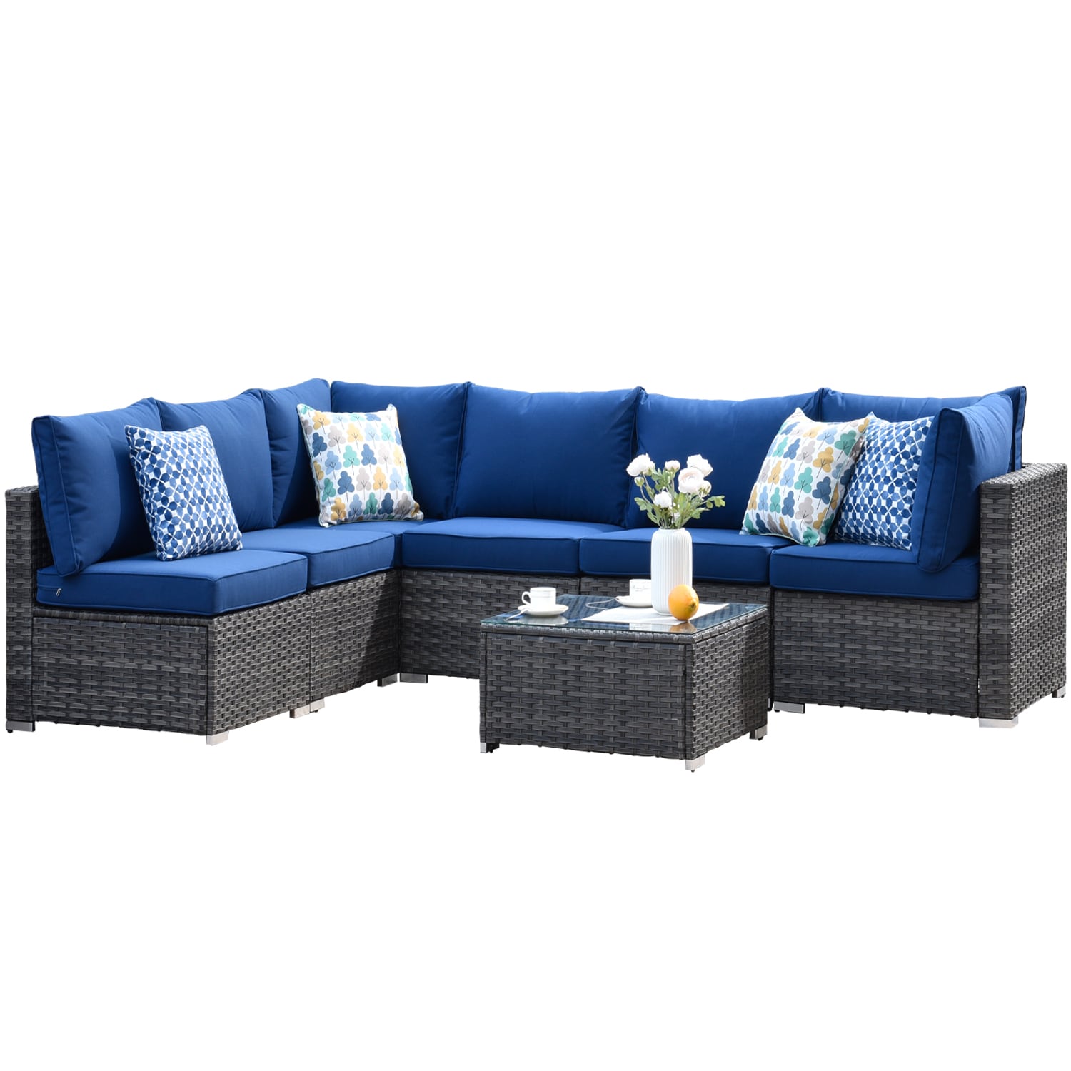 XIZZI Metis 10-Piece Wicker Outdoor Patio Fire Pit Sectional Sofa Set and  with Navy Blue Cushions and Swivel Rocking Chairs FPYZBR70-NB - The Home  Depot