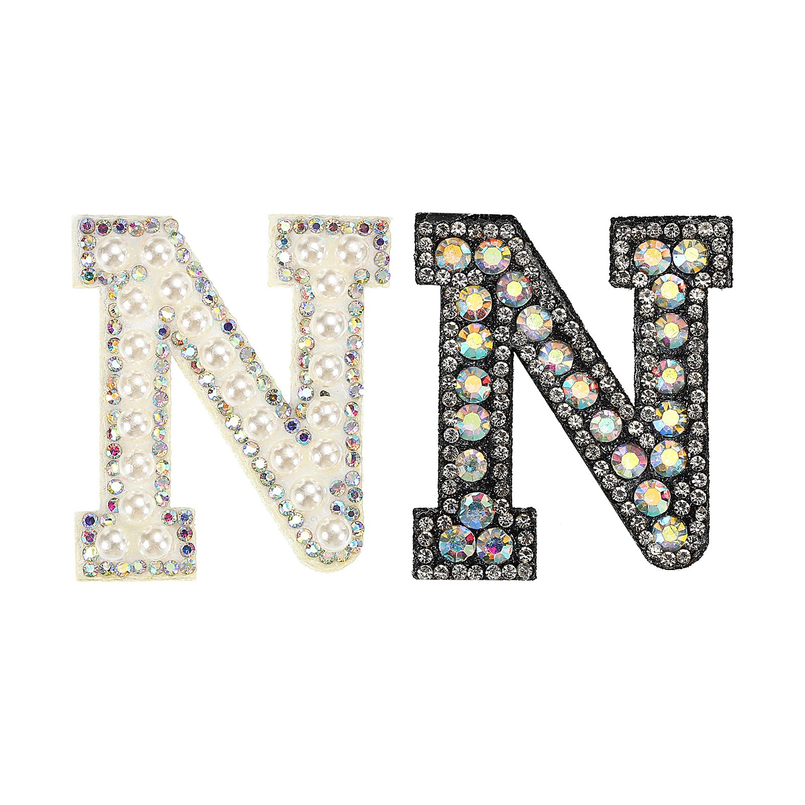 Unique Bargains Iron on Decorative Letter N Black White Patch Glitter Alphabet Applique Rhinestone Pearl English Letter for DIY Clothes Repair Hats Bags 2pcs