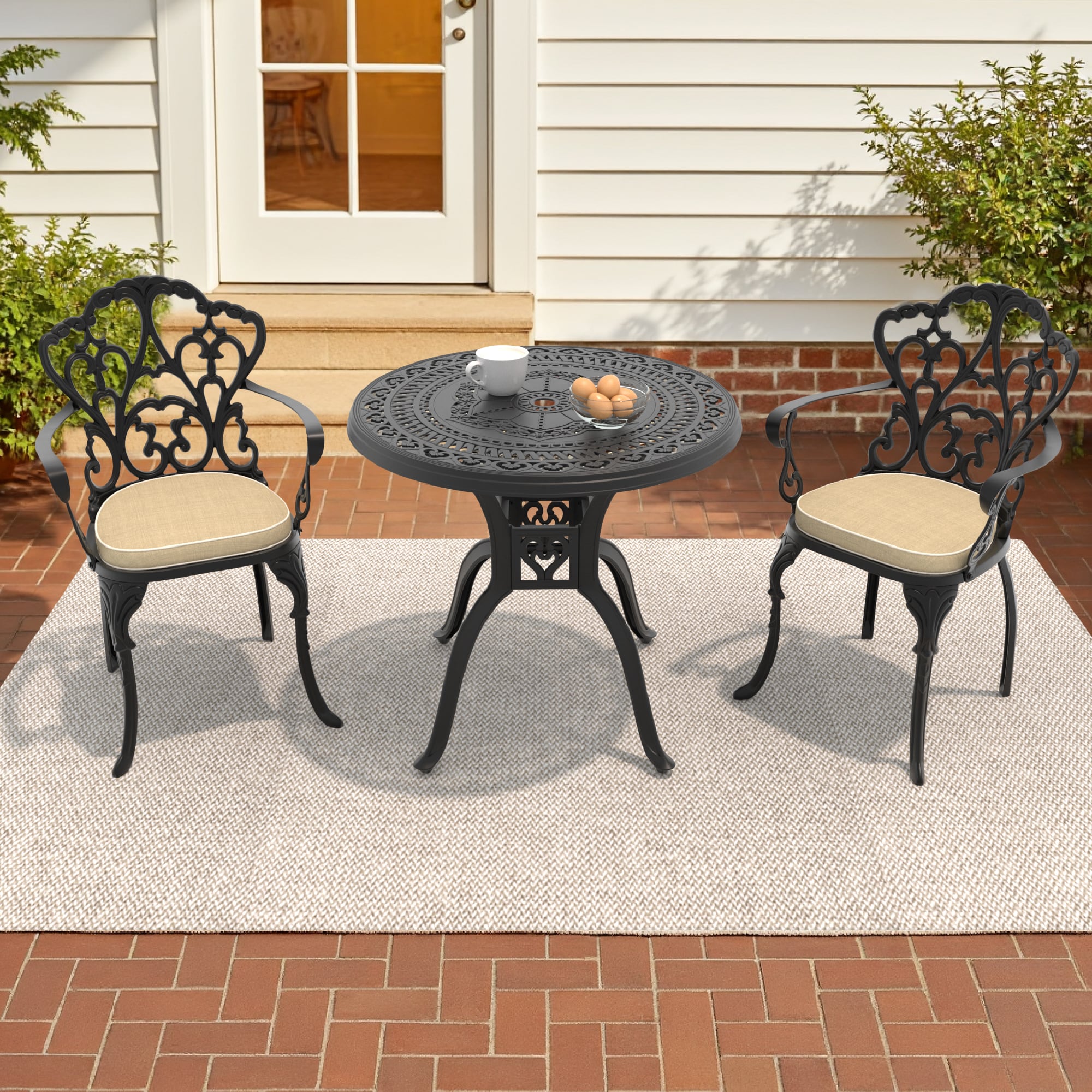 nicesure SLBK6047CZ2A1053RC 3 -Piece Black Patio Dining Set Aluminum Round Table with 2 Cushions Stationary Chairs