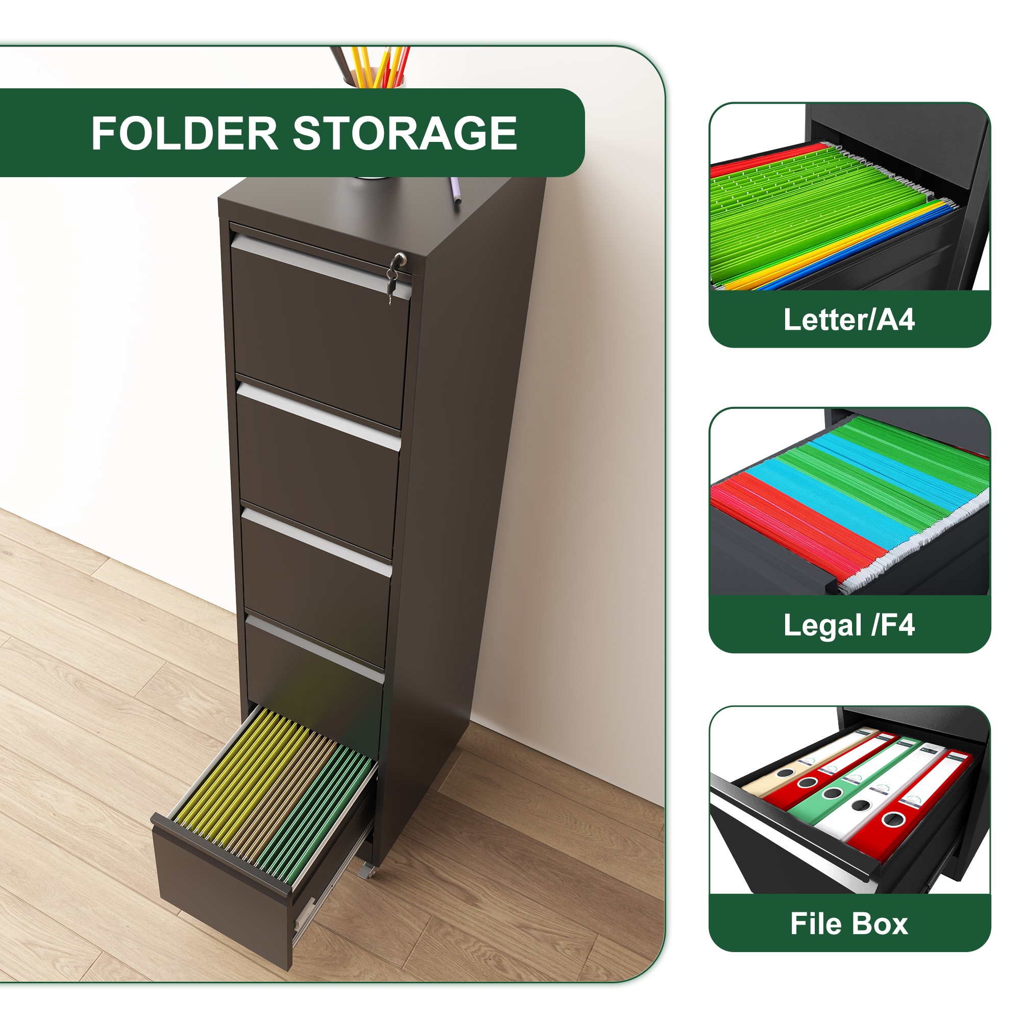 Dimakai Black 5 Drawer Metal Vertical File Cabinet with Lock on Wheels ...