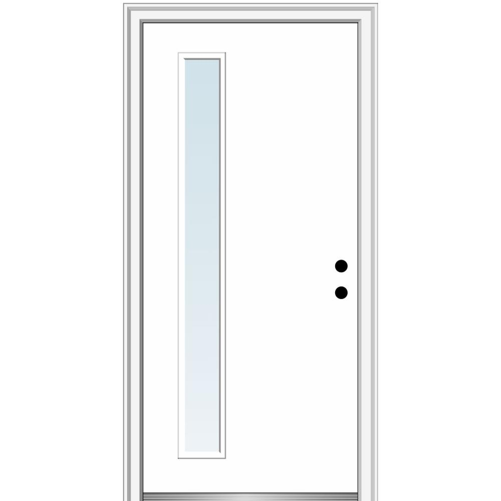 MMI DOOR ZZ345957L Spotlights 32-in x 80-in x 4-9/16-in Fiberglass Pulse lite Left-hand inswing Brilliant White Painted Prehung Front Door with Brickmould Insulating core