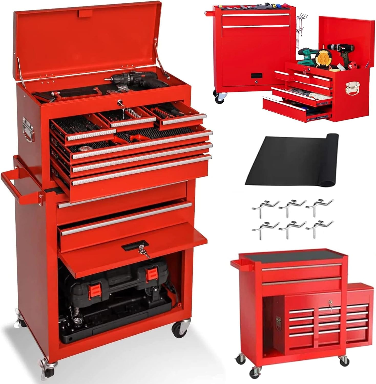 Rbied 8-Drawer Rolling Tool Chest 2-in-1 Lockable Organizer with Wheels Drawers and Detachable Cabinet (Red)