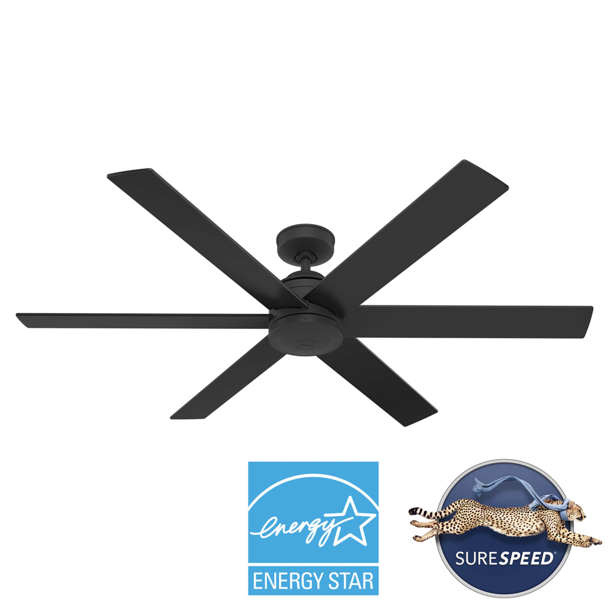 Hunter 52582 Lakeway SureSpeed 60-in Outdoor Matte Black with Matte Black Blades Ceiling Fan Without Light - Remote Included ( 6 -Blade )