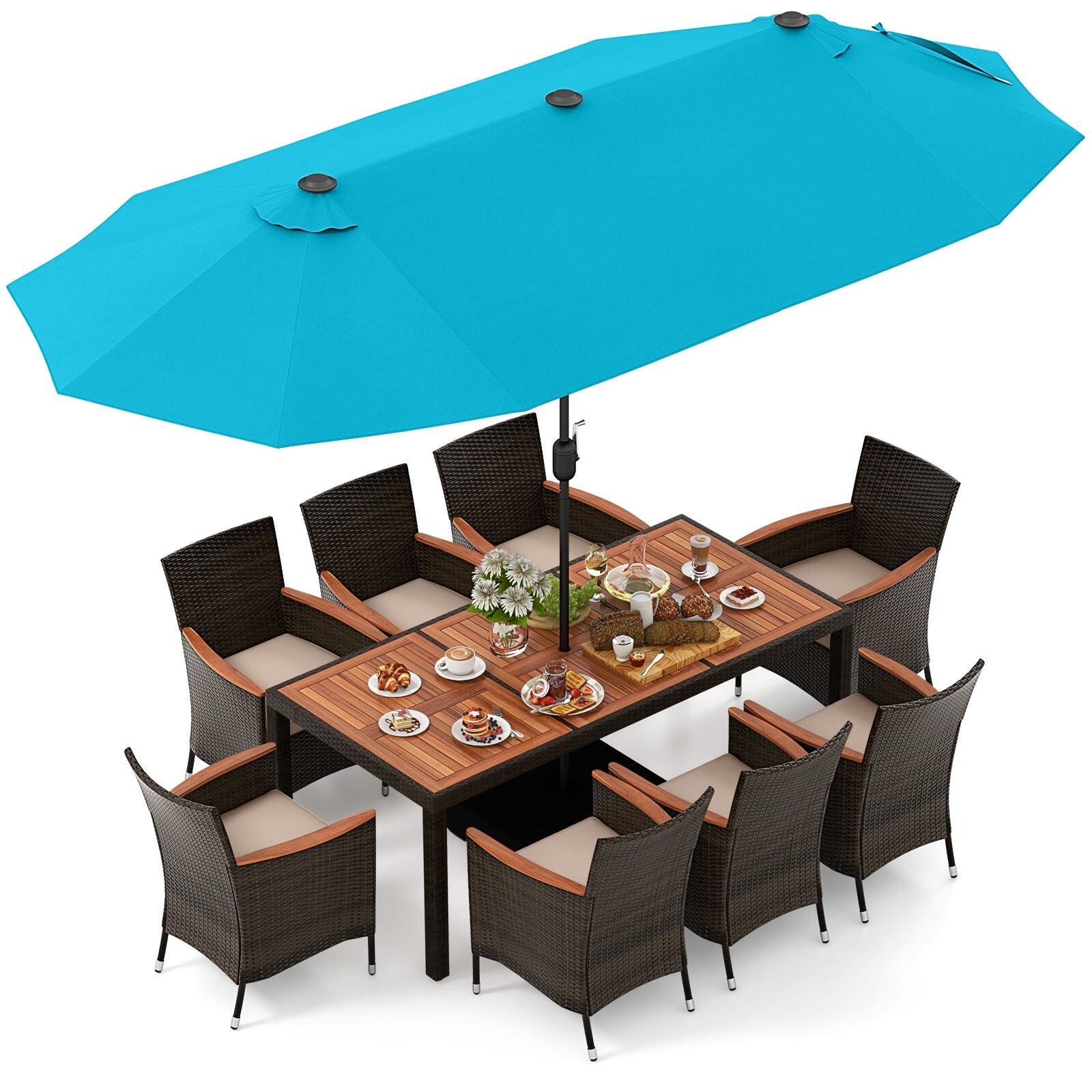 Slickblue - Mix Brown Rattan 11 Piece Patio Dining Set with Acacia Wood Rectangular Table and 8 B...