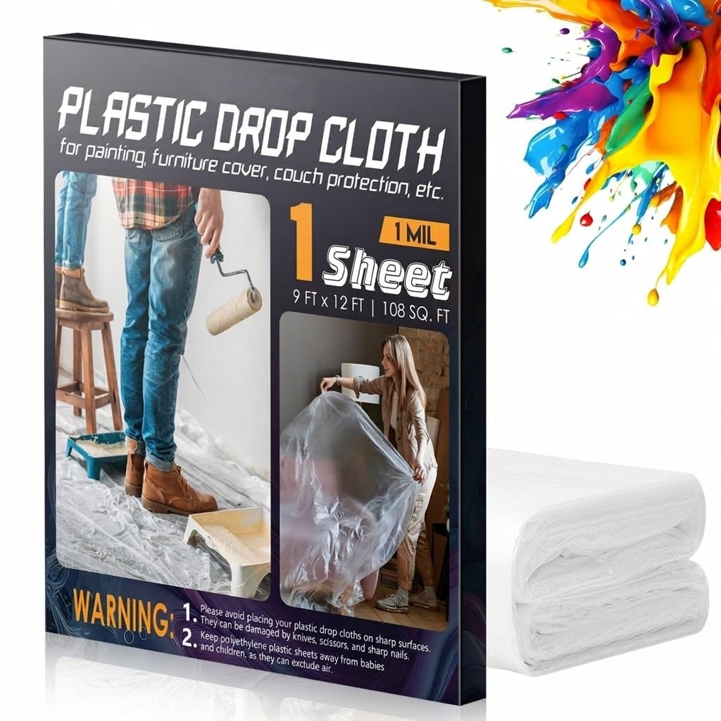 Afoxsos 12 x 9 Ft Plastic Drop Cloth 1 Mil 1 Pack Disposable Painter Sheeting for Floor Furniture Carpet and Car Protection Waterproof Tarp #L05AF08100
