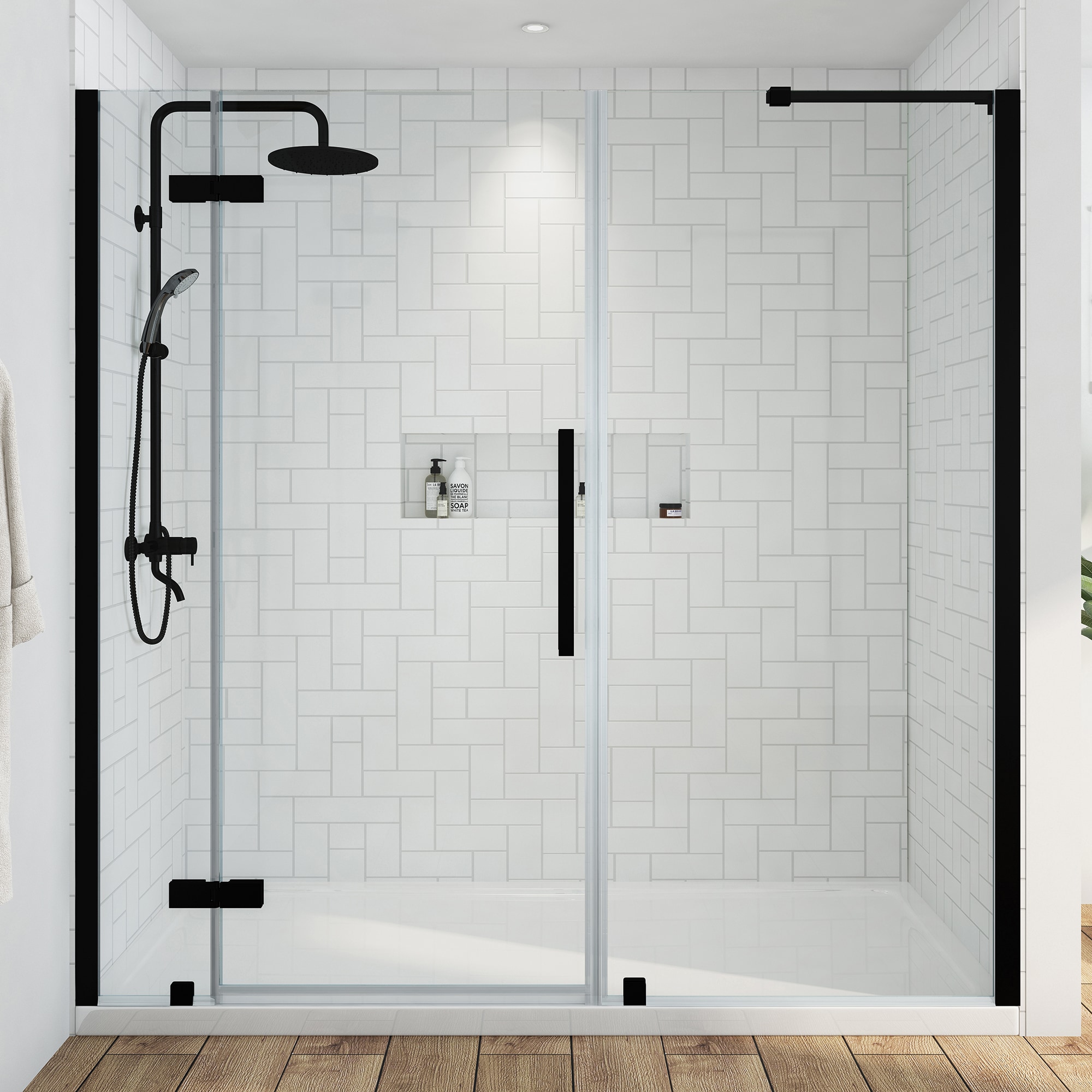 OVE Decors 828796061971 Tampa 72.0-in W x 36.0-in L x 75.0-in H Rectangular Alcove shower kit ( Reversible Drain) Base and Door Included Satin black Hardware Included