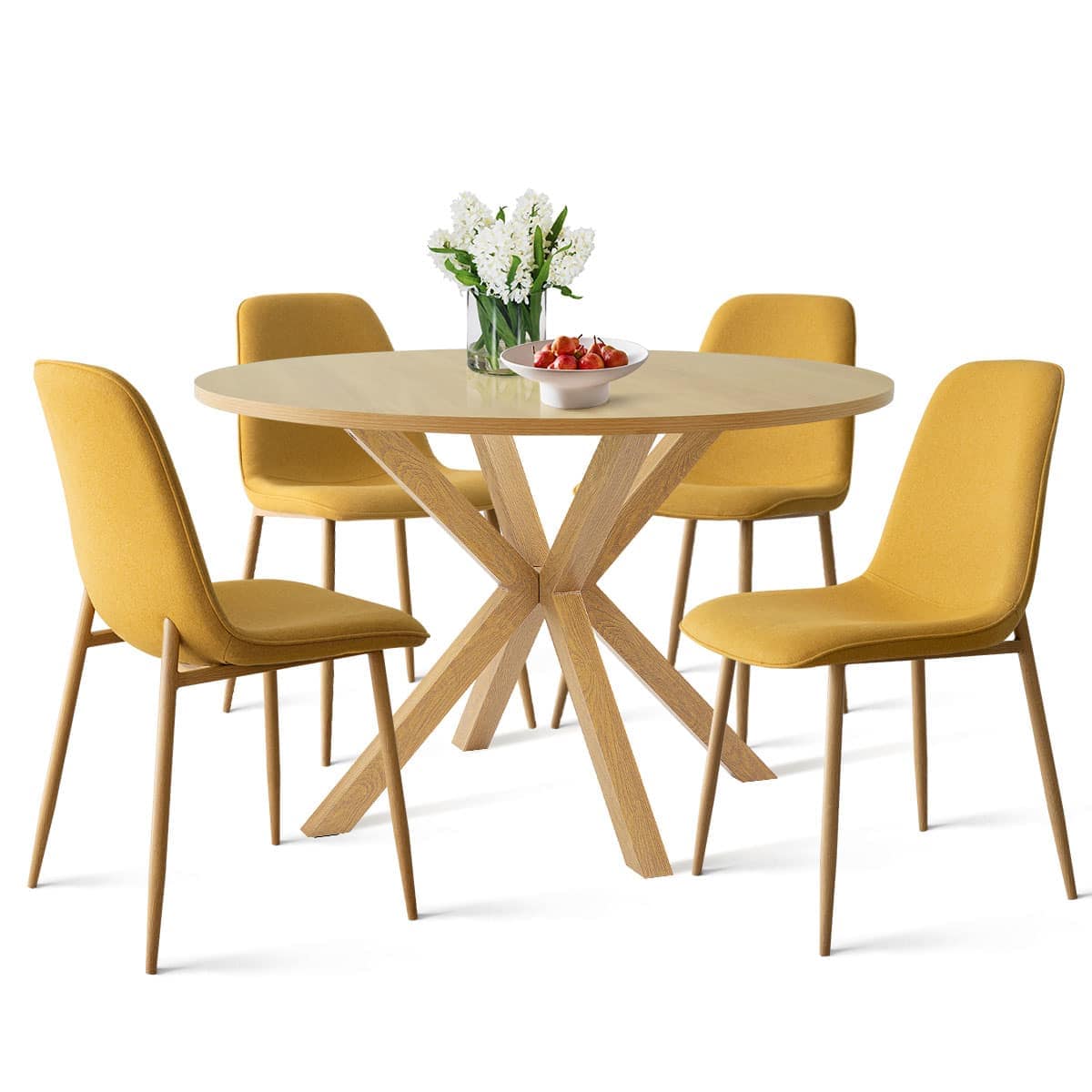 Maison Boucle OLIVER-WD+OSLO-YEL4 5 Piece Round Dining Table Set with Wood Grain Table and Yellow Linen Chairs for Modern Dining Rooms