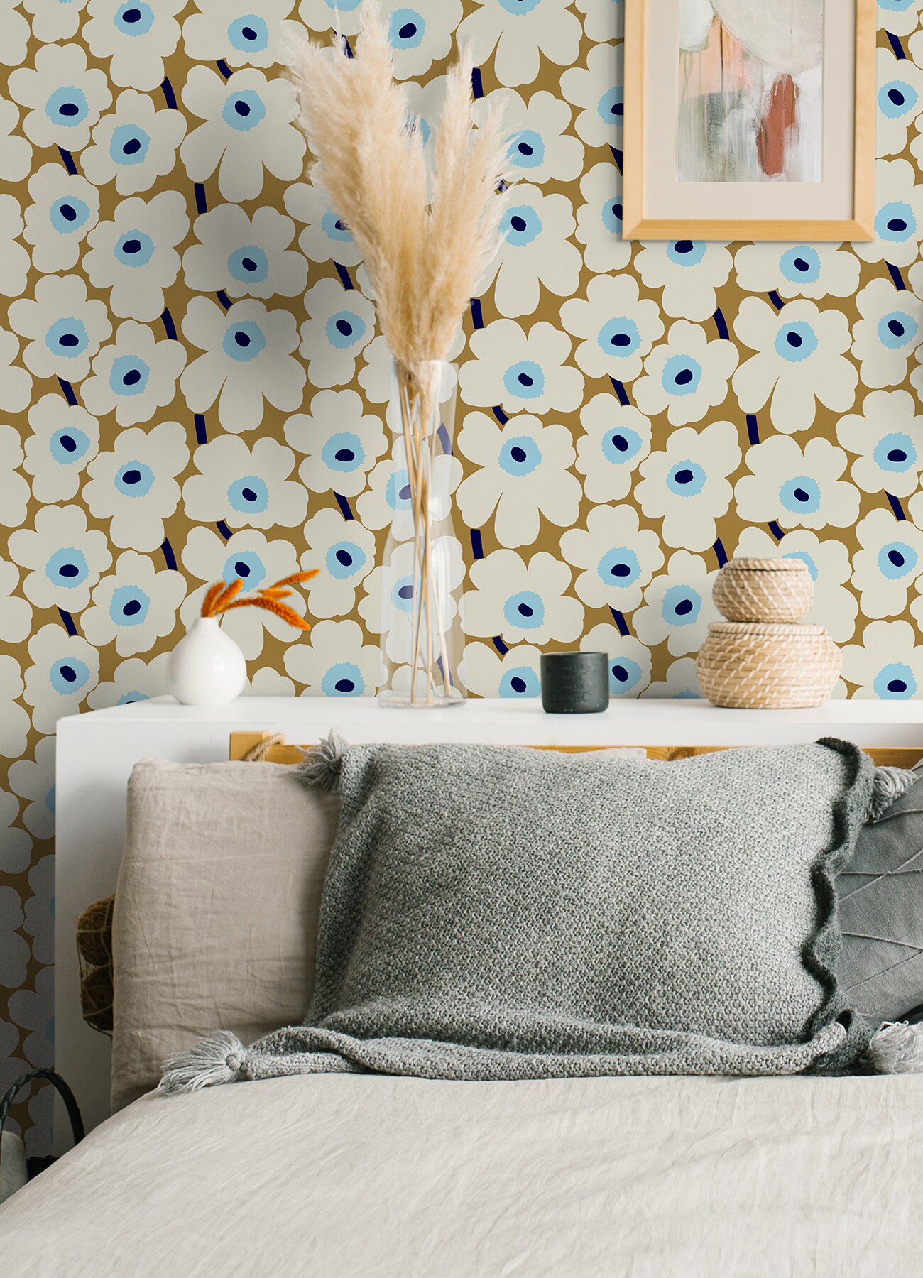 Beige and Blue Floral Peel and Stick Wallpaper Roll