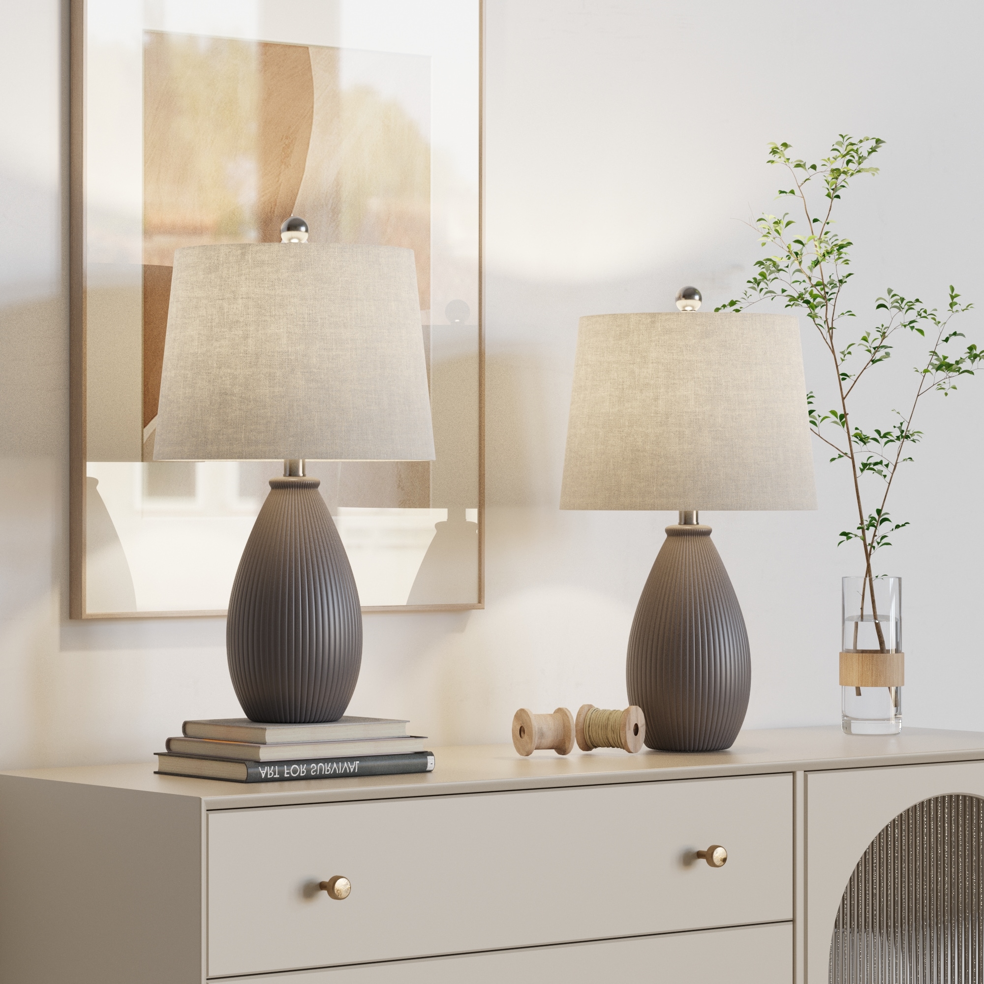 Gray Ceramic Table Lamp Set with Oatmeal Shades