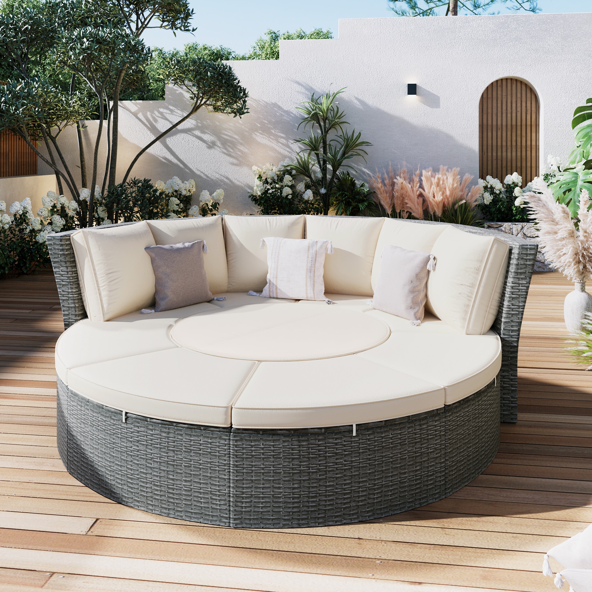 JIMSMAISON BOTMPDB08BEG Rattan Outdoor Daybed with Beige Cushions and Steel Frame