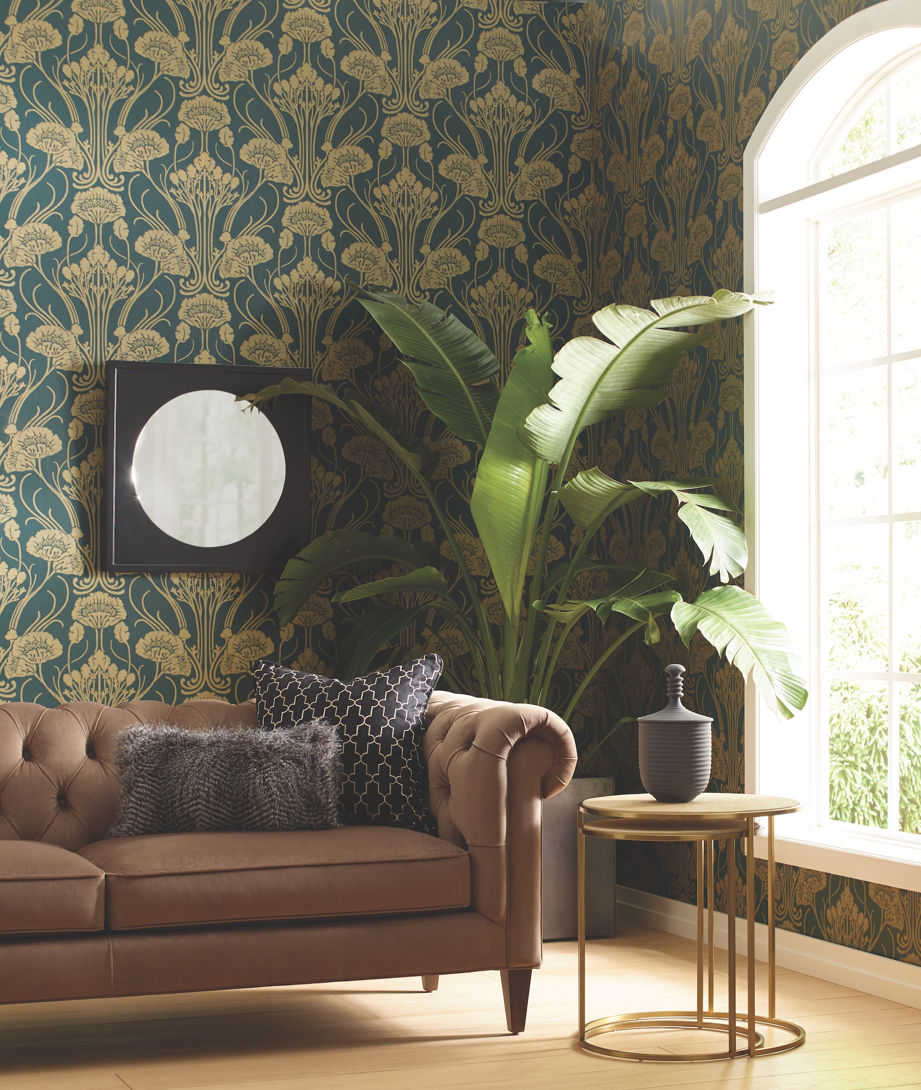 Dark Emerald and Gold Non-Woven Damask Wallpaper Roll
