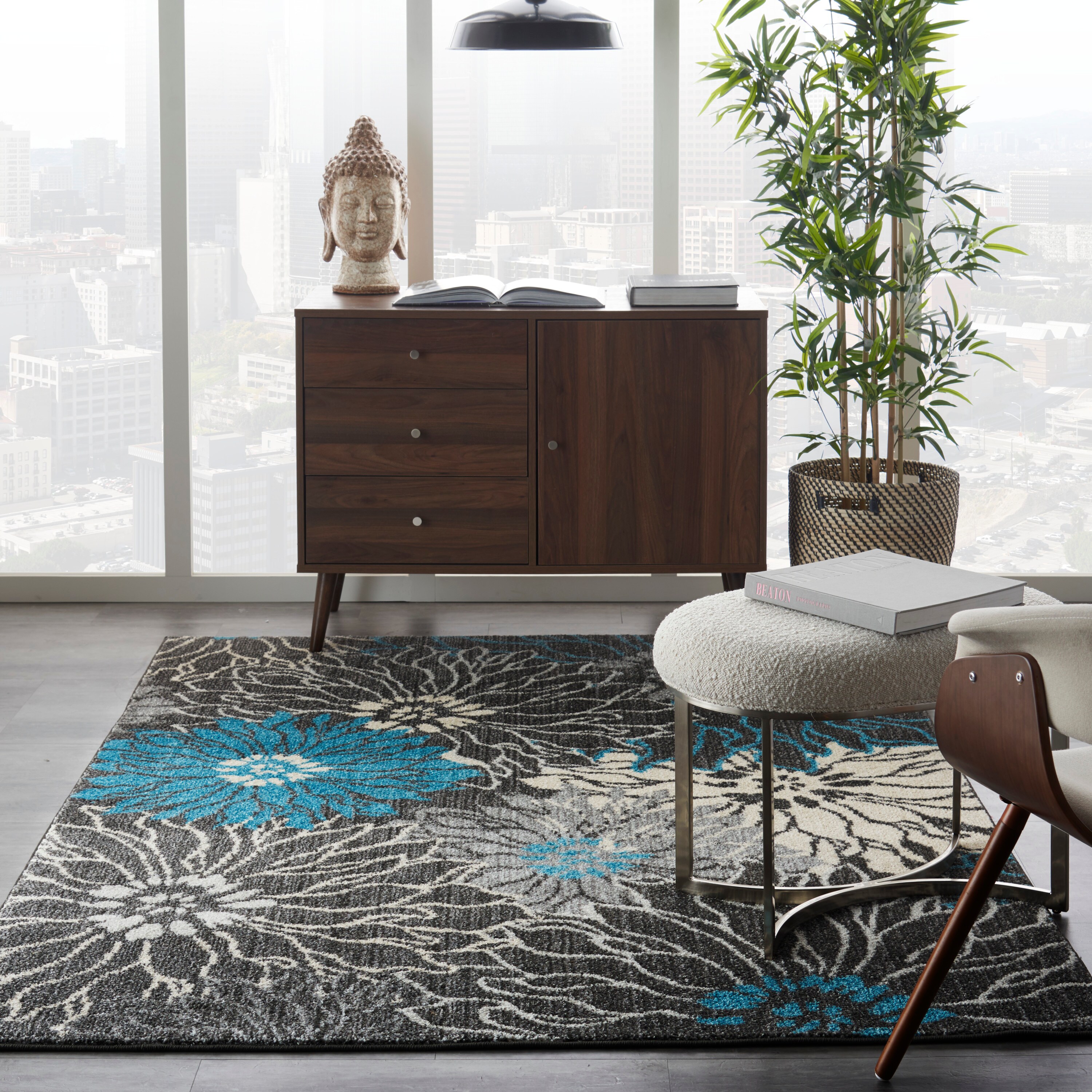 Nourison 99446477279 Passion 5 x 7 (ft) Loomed Polypropylene Charcoal/blue Rectangular Indoor Abstract Area rug