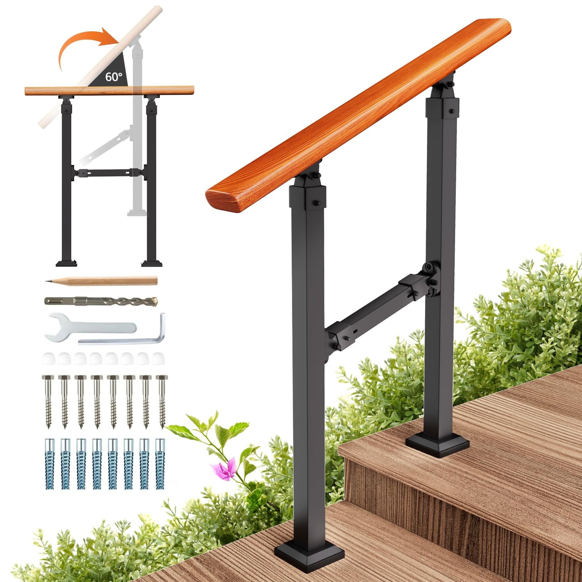 Angel Sar 2 Step Metal Wood Grain Handrails for Outdoor Steps Rustproof Aluminum Connectors Kit for Concrete Wood Porch Deck
