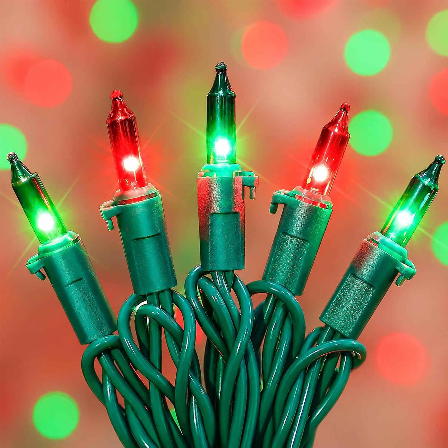 HEYFUNI - Red Green Mini Christmas Lights 50 Count 13FT Green Wire Plug in Incandescent Tradition...